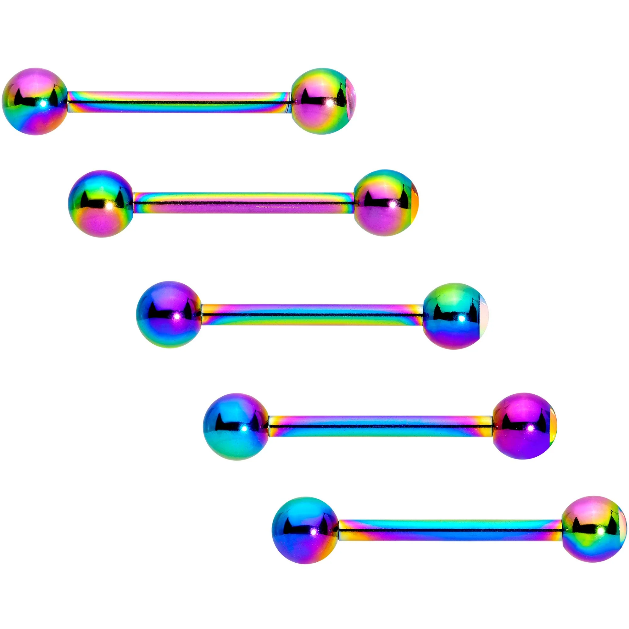 Aurora Gem Inlay Rainbow Color Barbell Tongue Ring Set of 5 - Image 2
