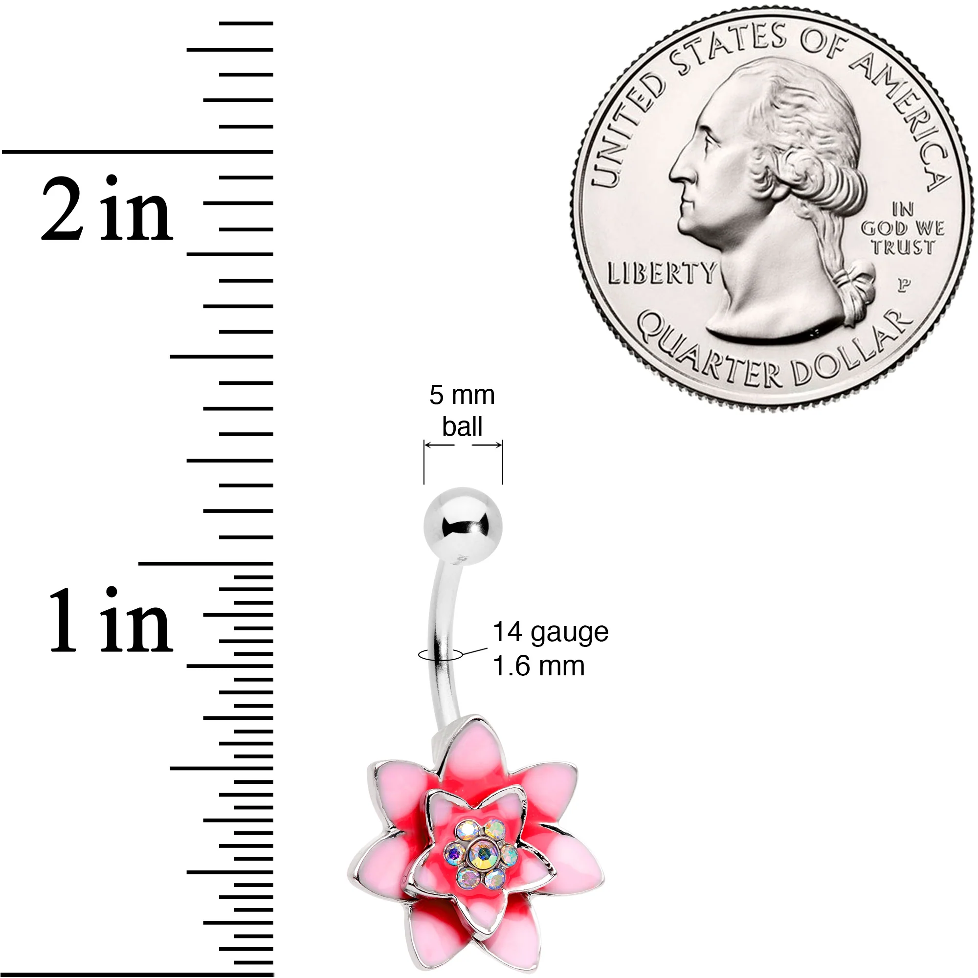 Aurora Gem Pink Red Rose Flower Belly Ring - Image 2