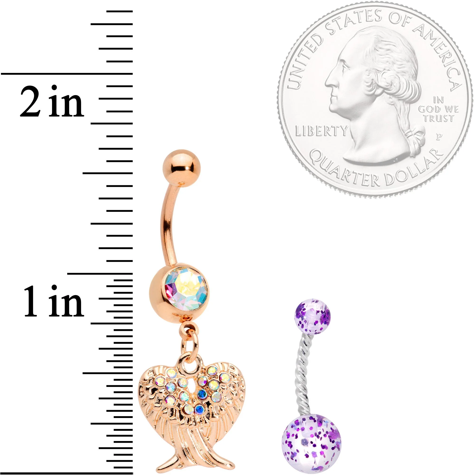 Aurora Gem Rose Gold Tone Angel Wings Purple Confetti Belly Ring Set of 2 - Image 4
