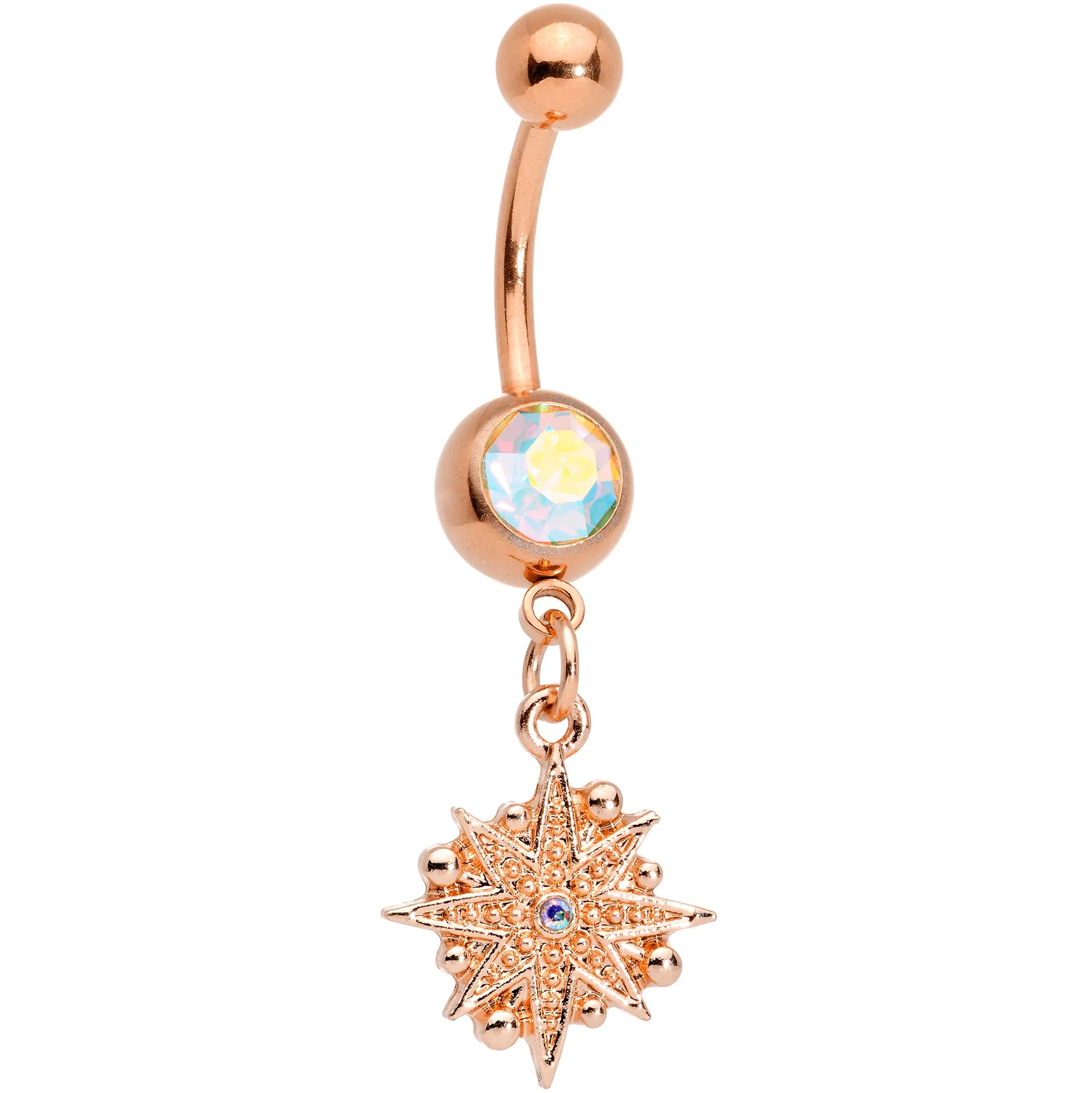 Aurora Gem Rose Gold Tone Celestial Star Moon Dangle Belly Ring Set - Image 3
