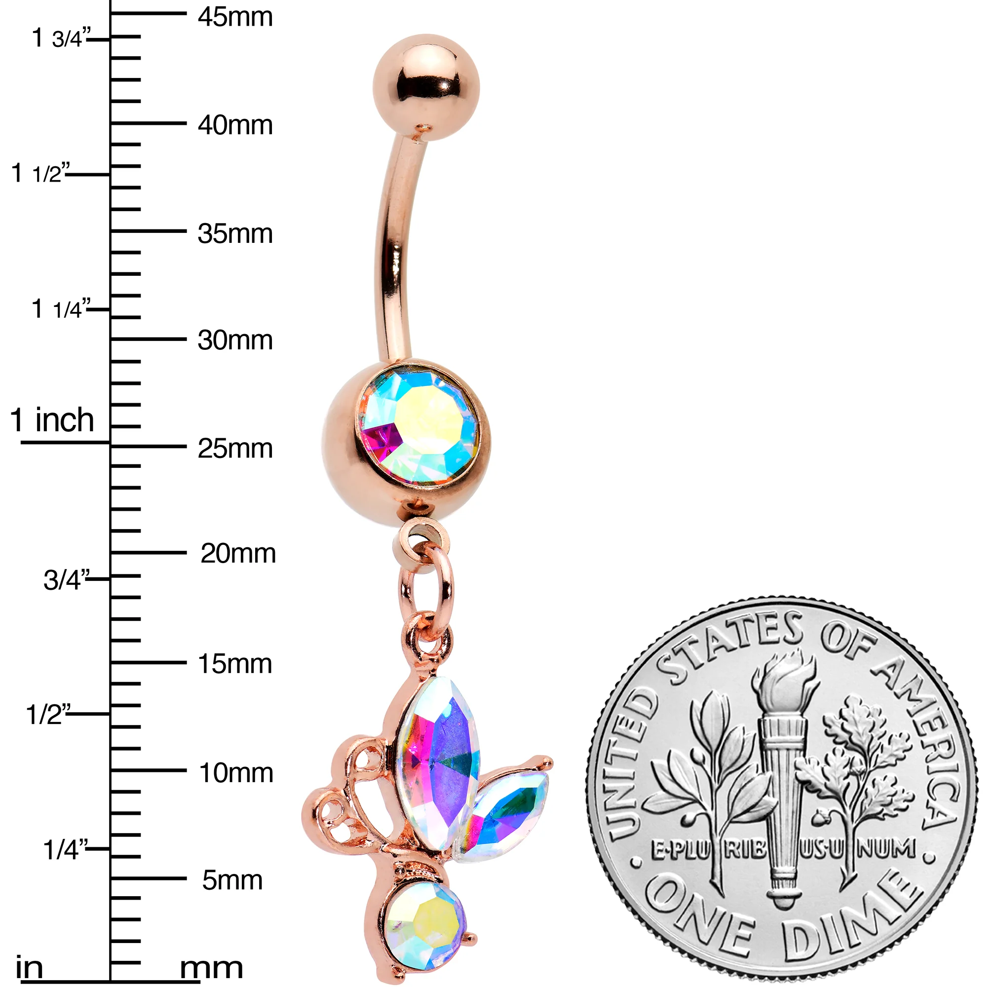 Aurora Gem Rose Gold Tone Fleur de Lis Butterfly Dangle Belly Ring - Image 2