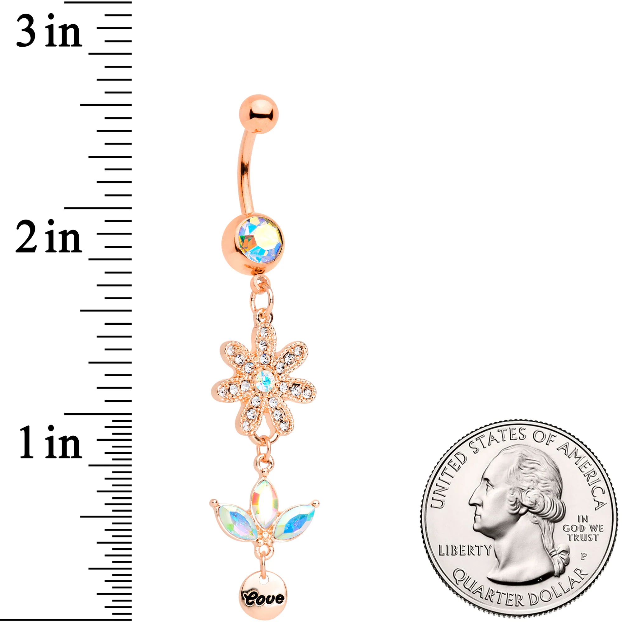 Aurora Gem Rose Gold Tone Flower Leaves Love Dangle Belly Ring - Image 2