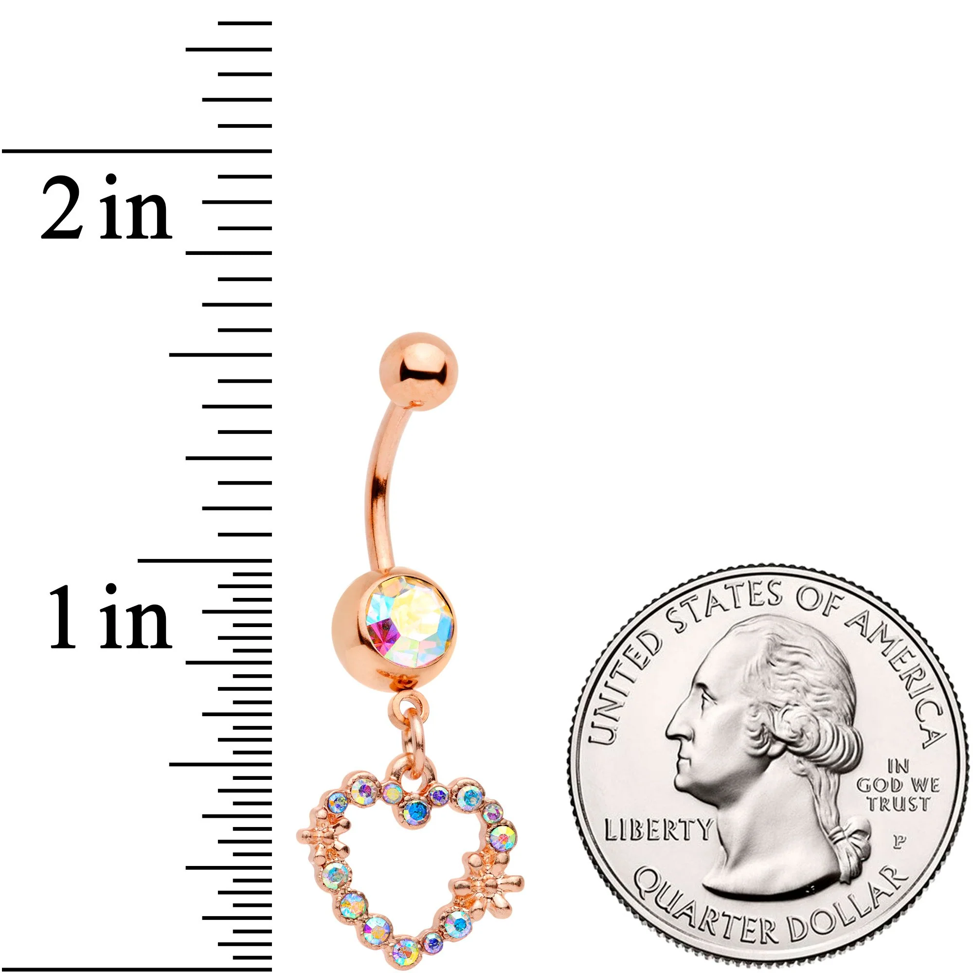 Aurora Gem Rose Gold Tone Heart Dangle Belly Ring - Image 2