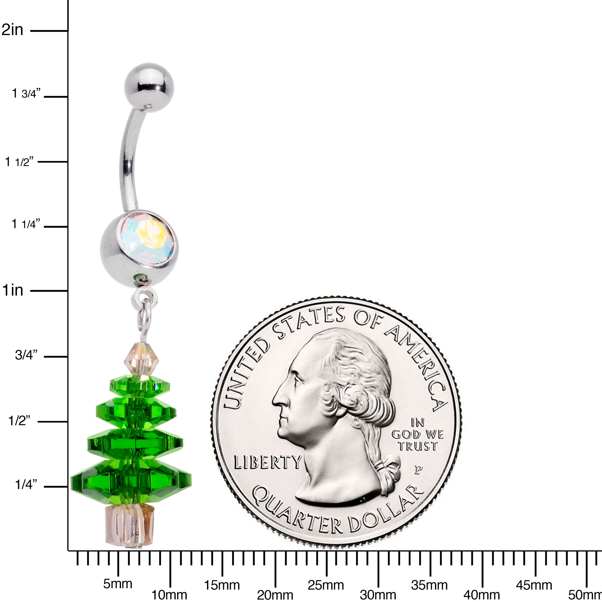 Aurora Green Gem Christmas Tree Holiday Dangle Belly Ring - Image 2