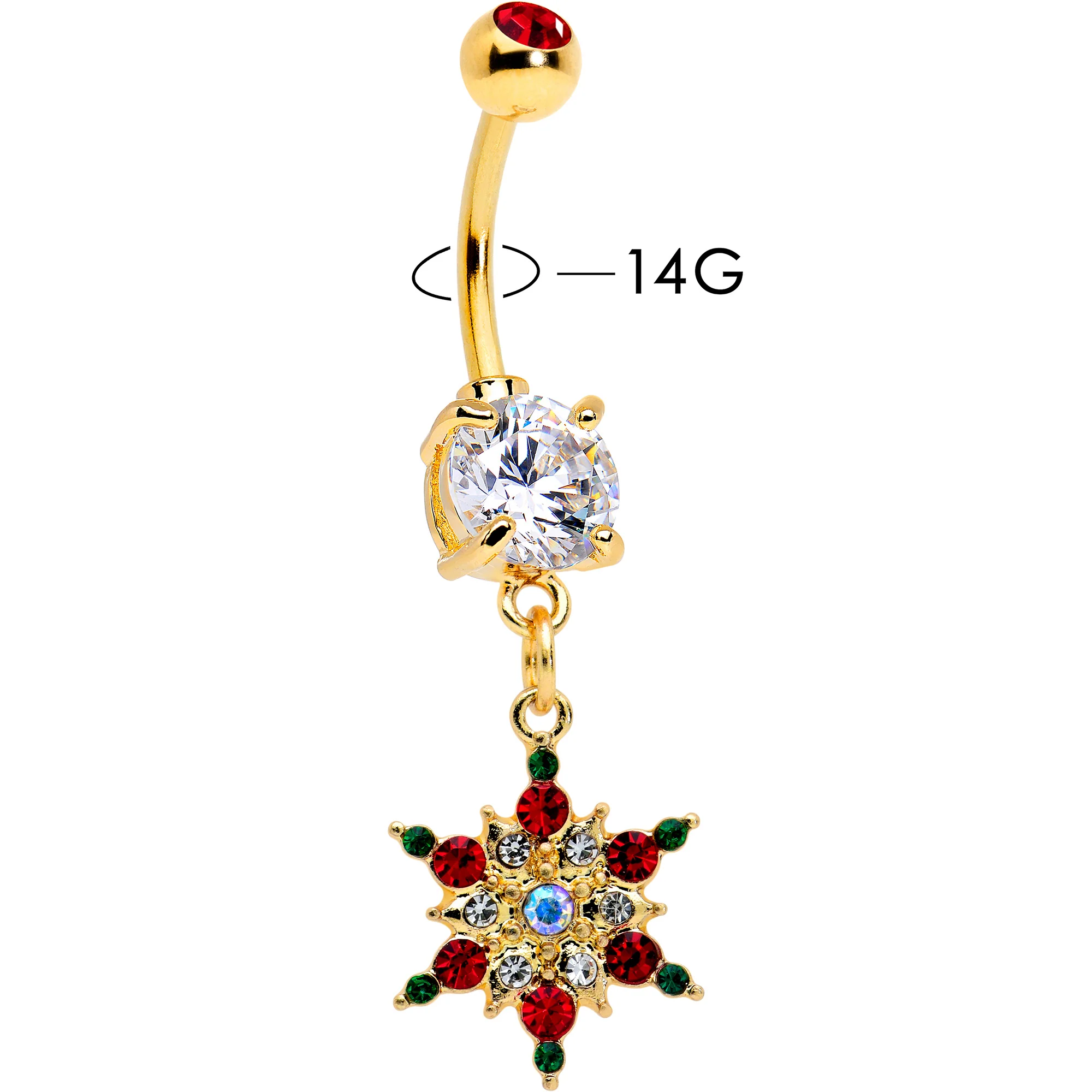Aurora Red Green Gem Gold Tone Christmas Star Holiday Dangle Belly Ring - Image 2