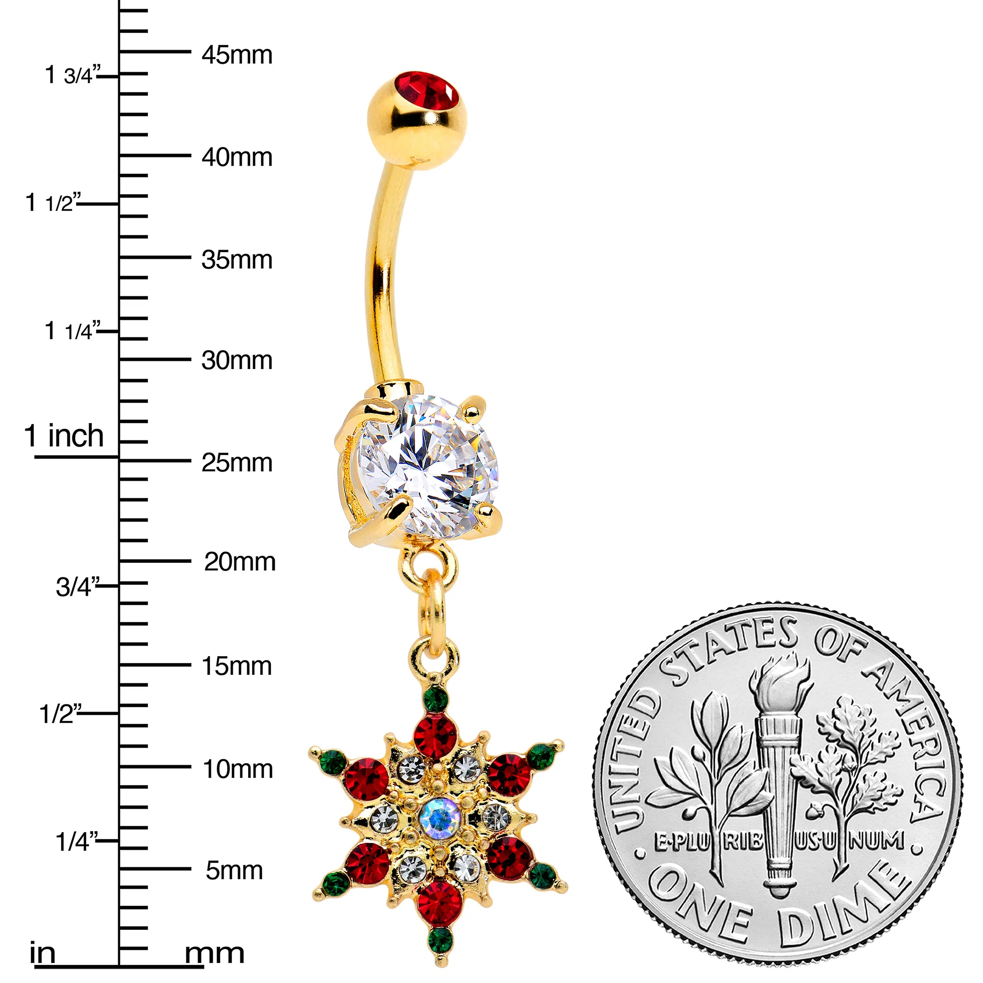 Aurora Red Green Gem Gold Tone Christmas Star Holiday Dangle Belly Ring - Image 3