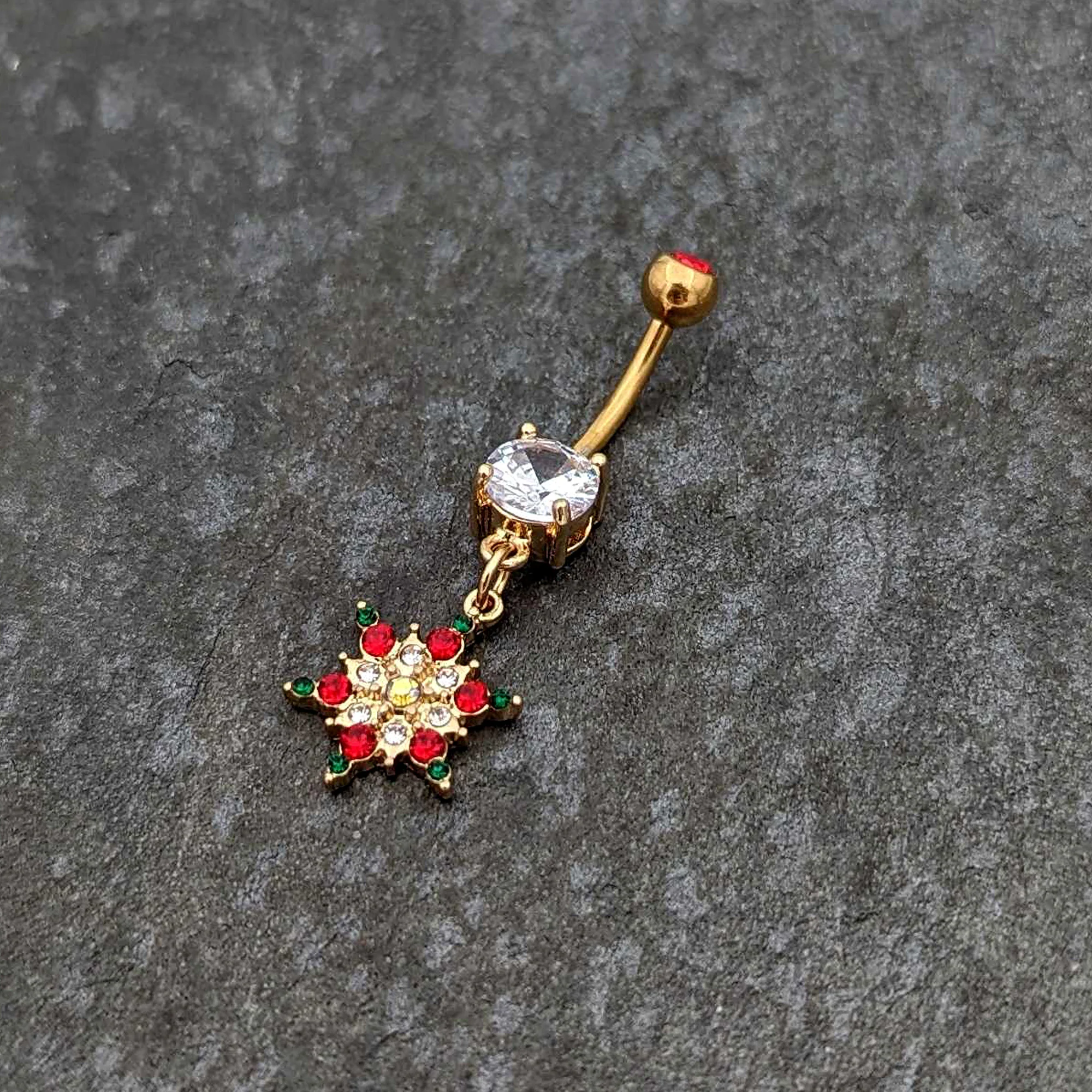 Aurora Red Green Gem Gold Tone Christmas Star Holiday Dangle Belly Ring - Image 4