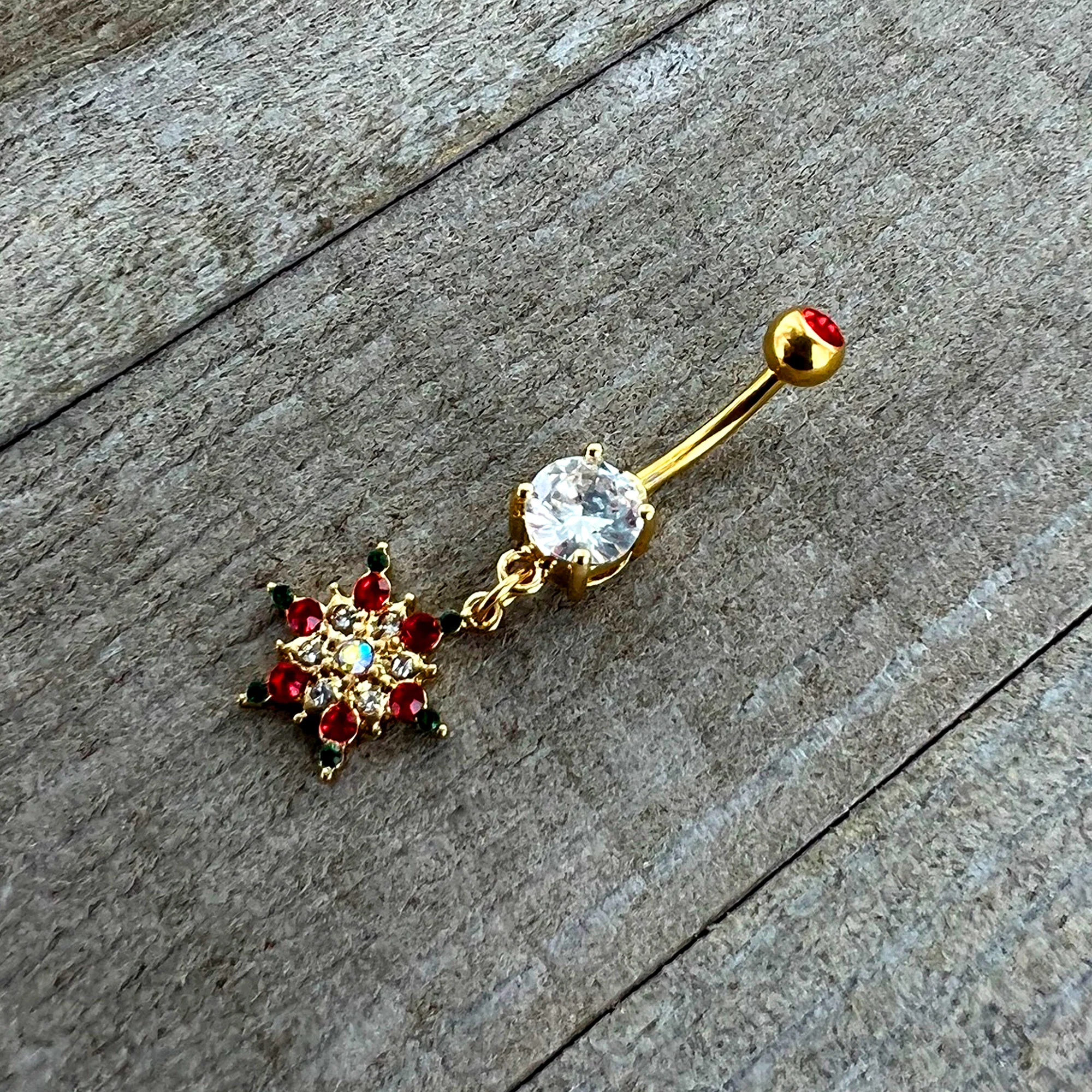 Aurora Red Green Gem Gold Tone Christmas Star Holiday Dangle Belly Ring - Image 6