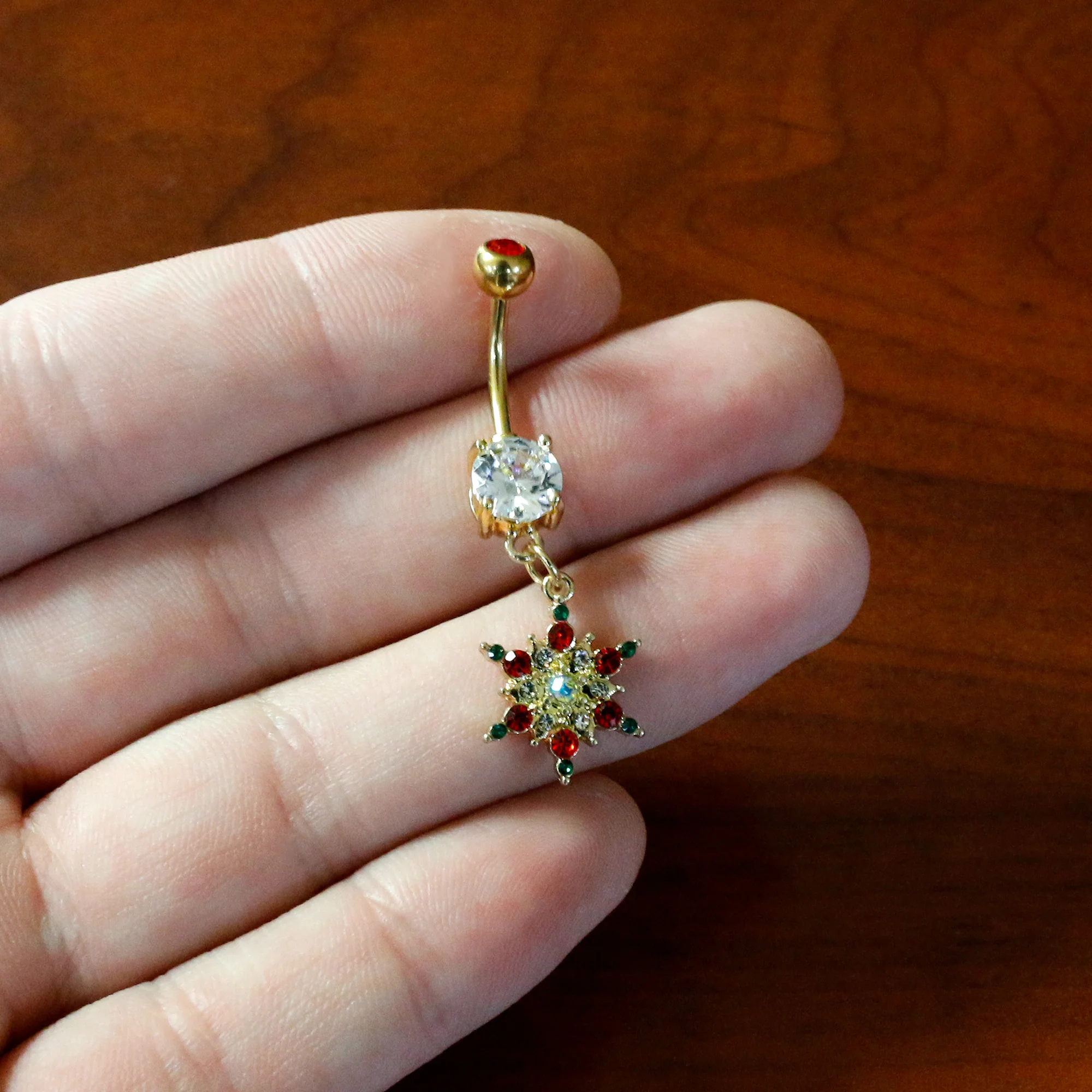 Aurora Red Green Gem Gold Tone Christmas Star Holiday Dangle Belly Ring - Image 7