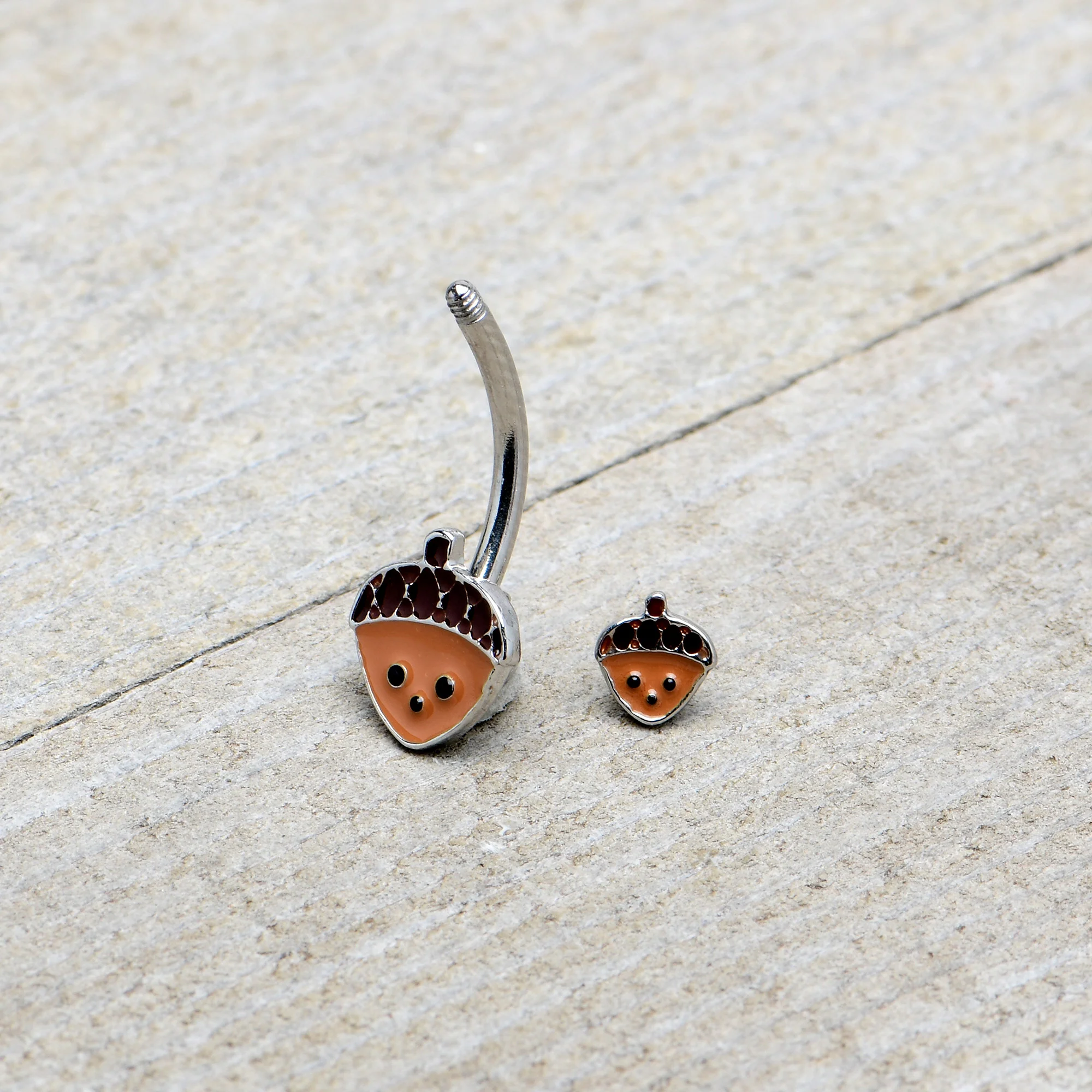 Autumn Acorn Face Brown Fall Double Mount Belly Ring - Image 6