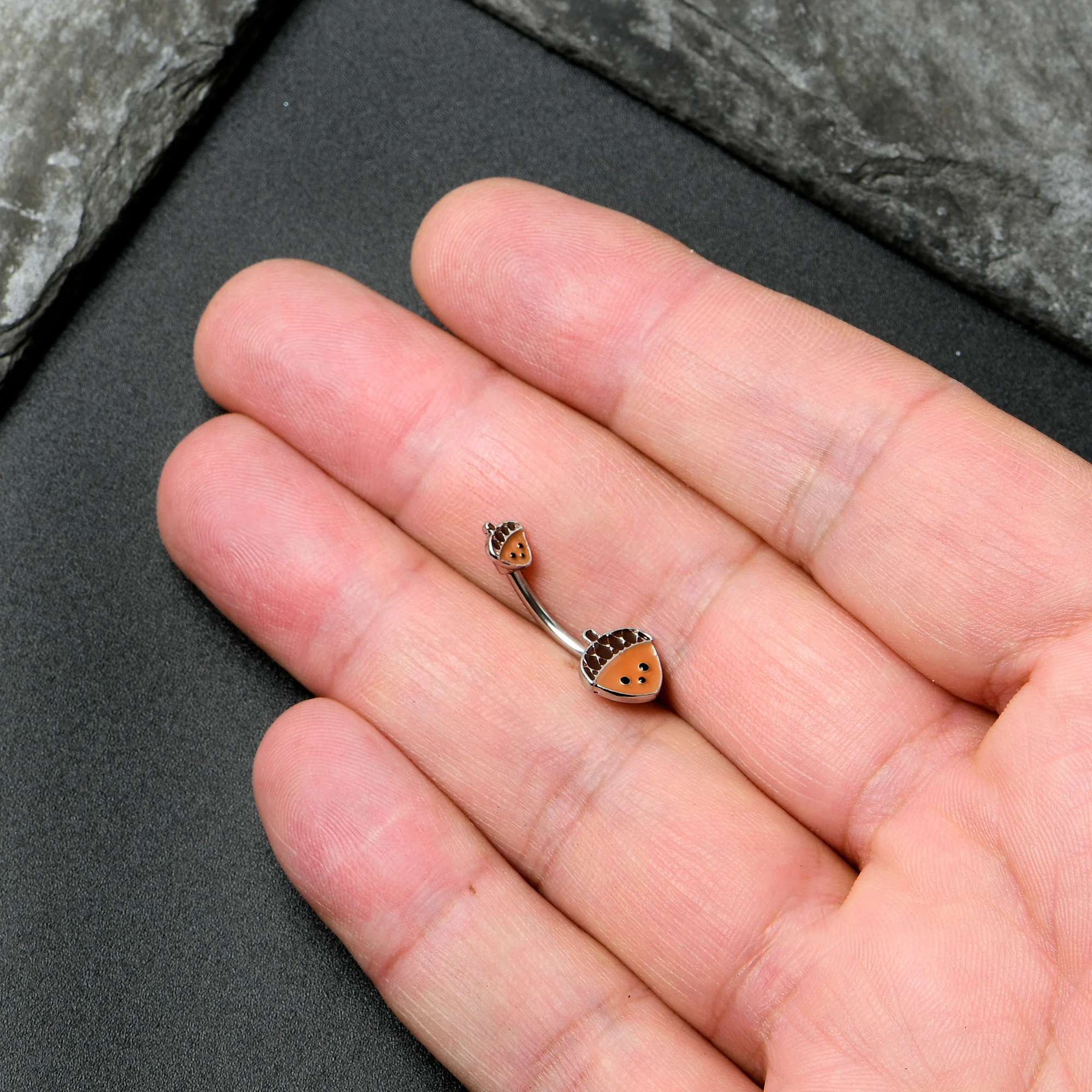 Autumn Acorn Face Brown Fall Double Mount Belly Ring - Image 7