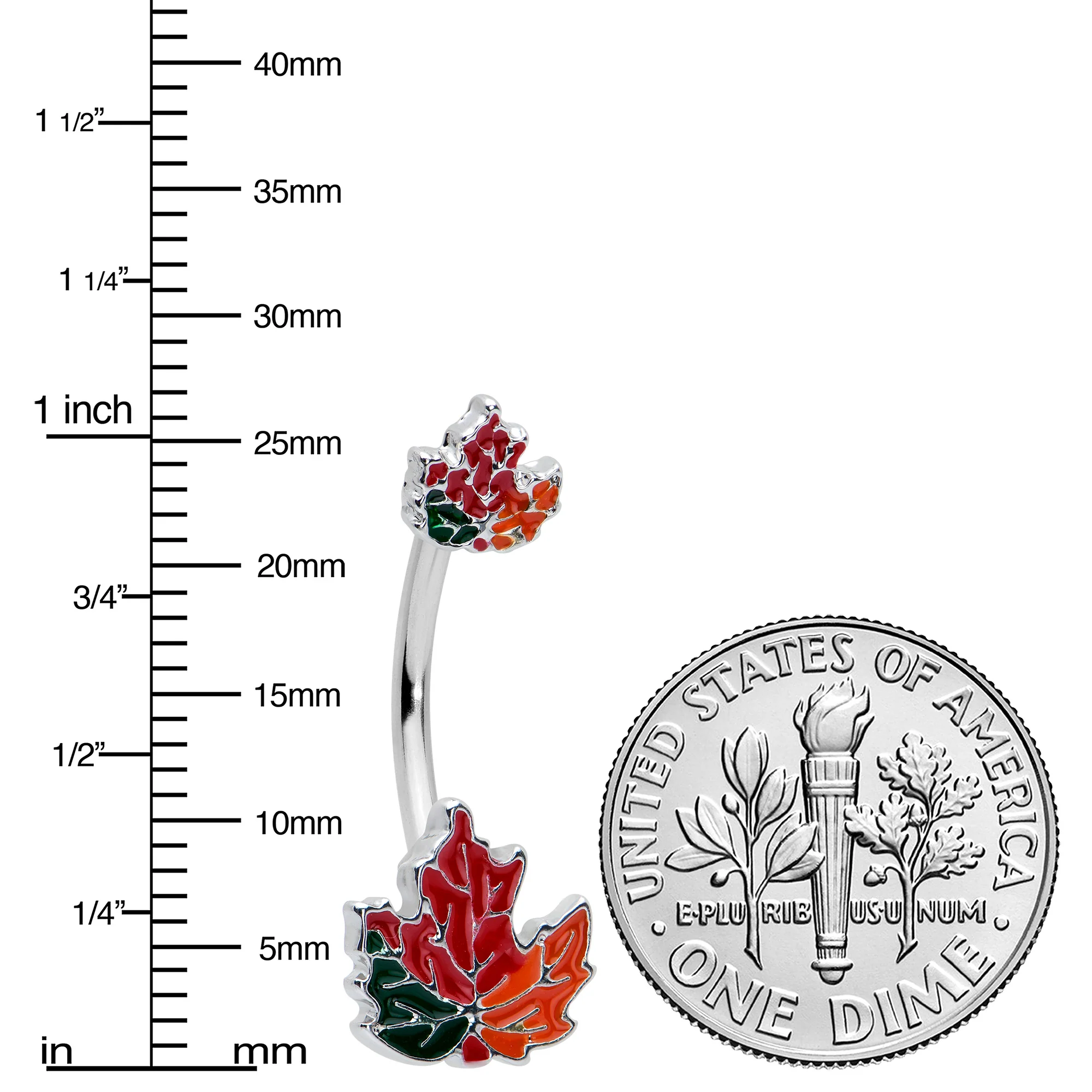 Autumn Tricolor Maple Leaves Red Green Orange Double Mount Belly Ring - Image 3