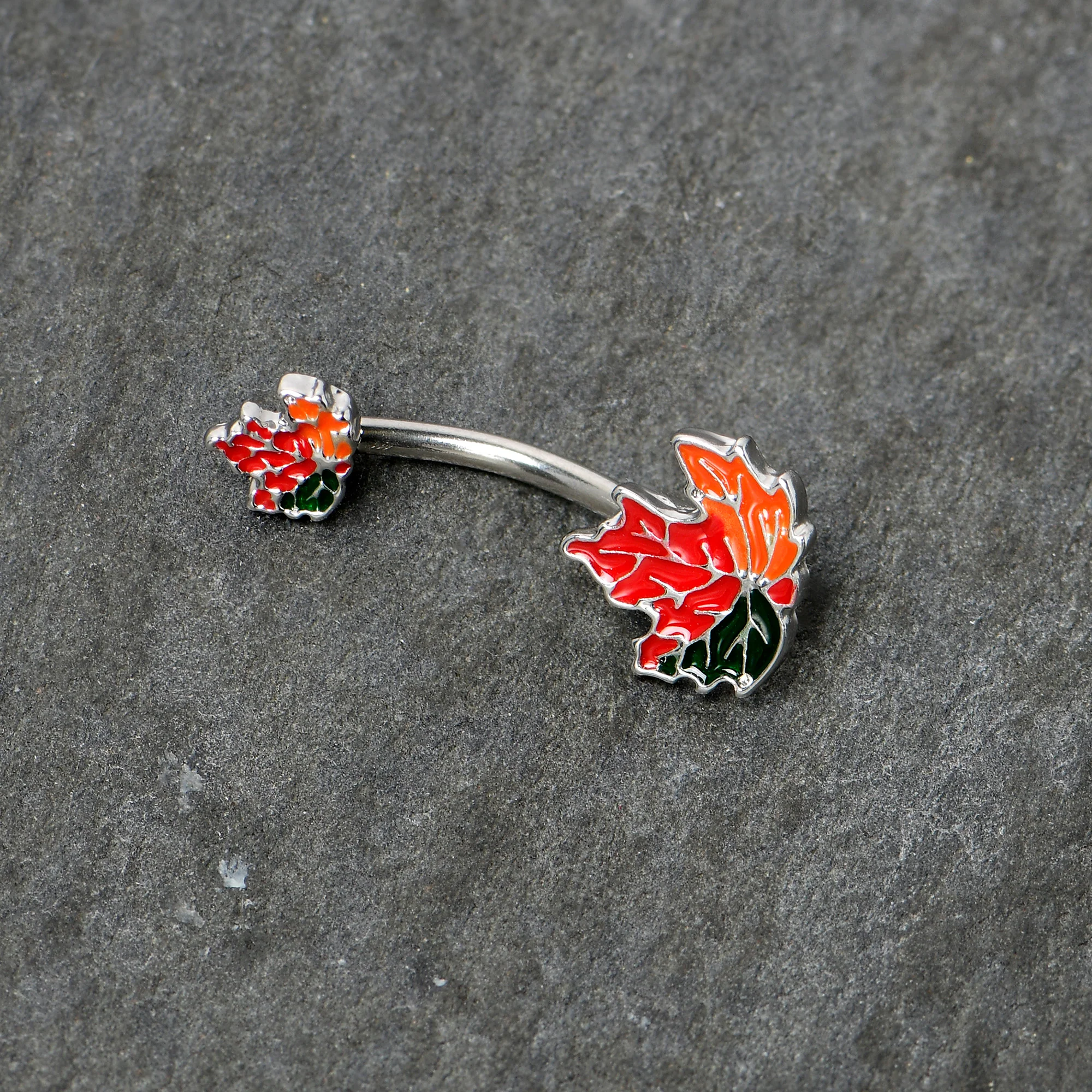 Autumn Tricolor Maple Leaves Red Green Orange Double Mount Belly Ring - Image 4