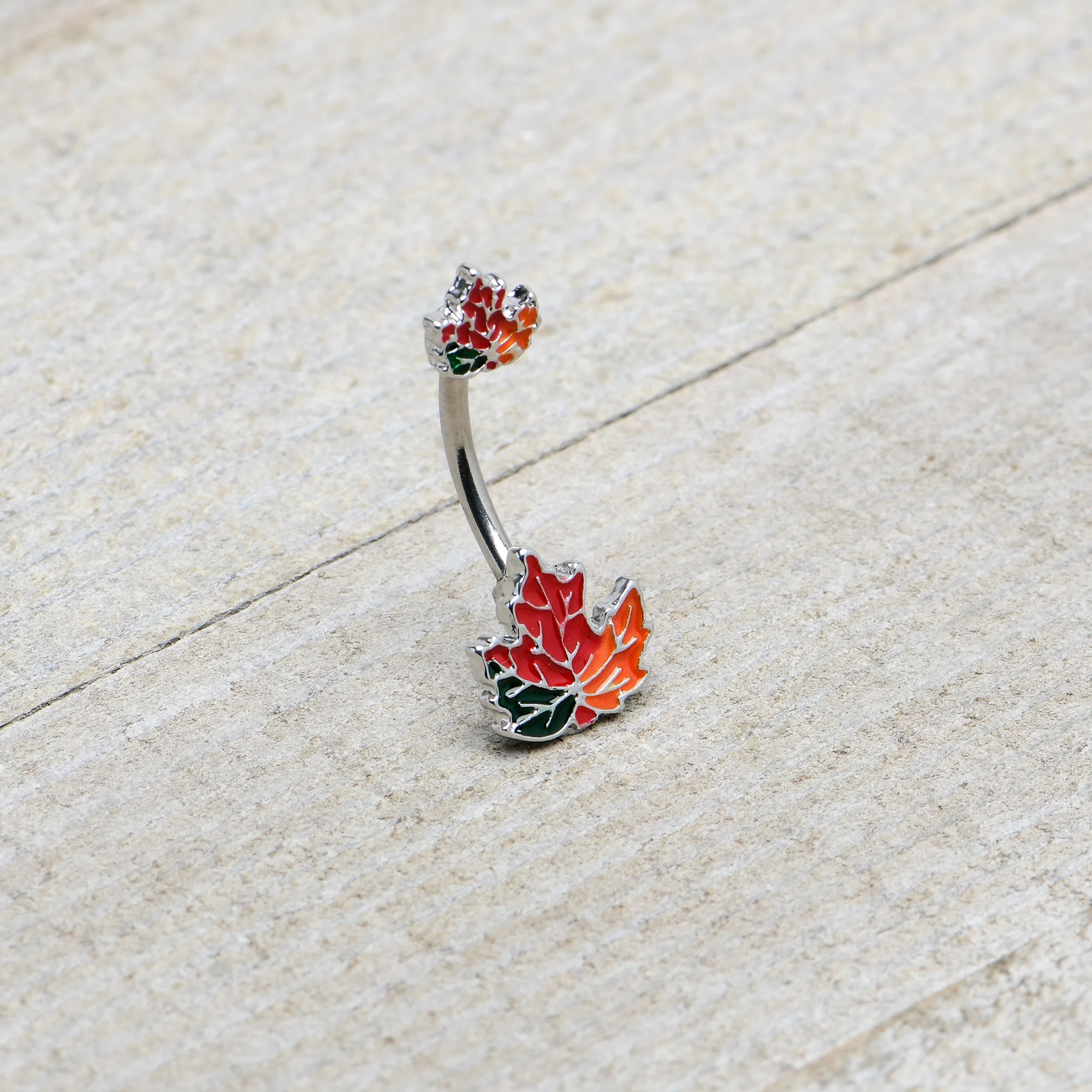 Autumn Tricolor Maple Leaves Red Green Orange Double Mount Belly Ring - Image 5