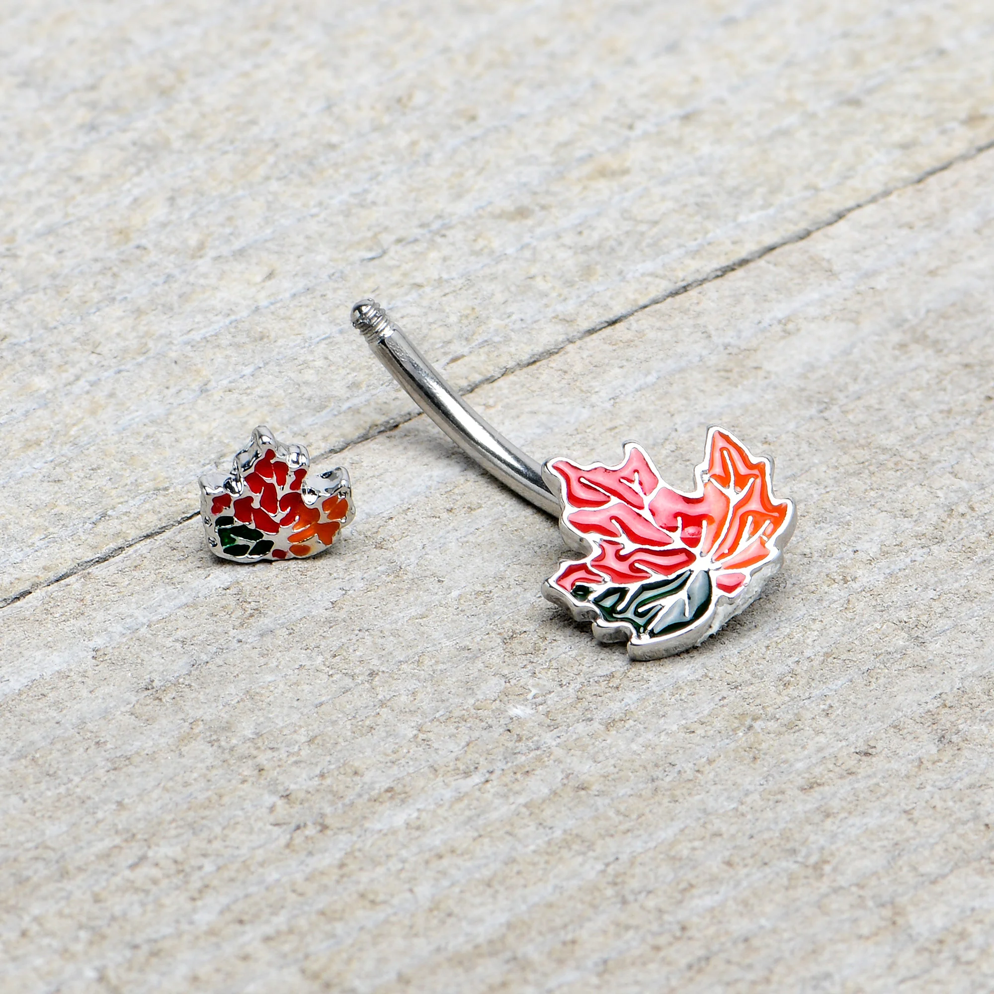 Autumn Tricolor Maple Leaves Red Green Orange Double Mount Belly Ring - Image 6