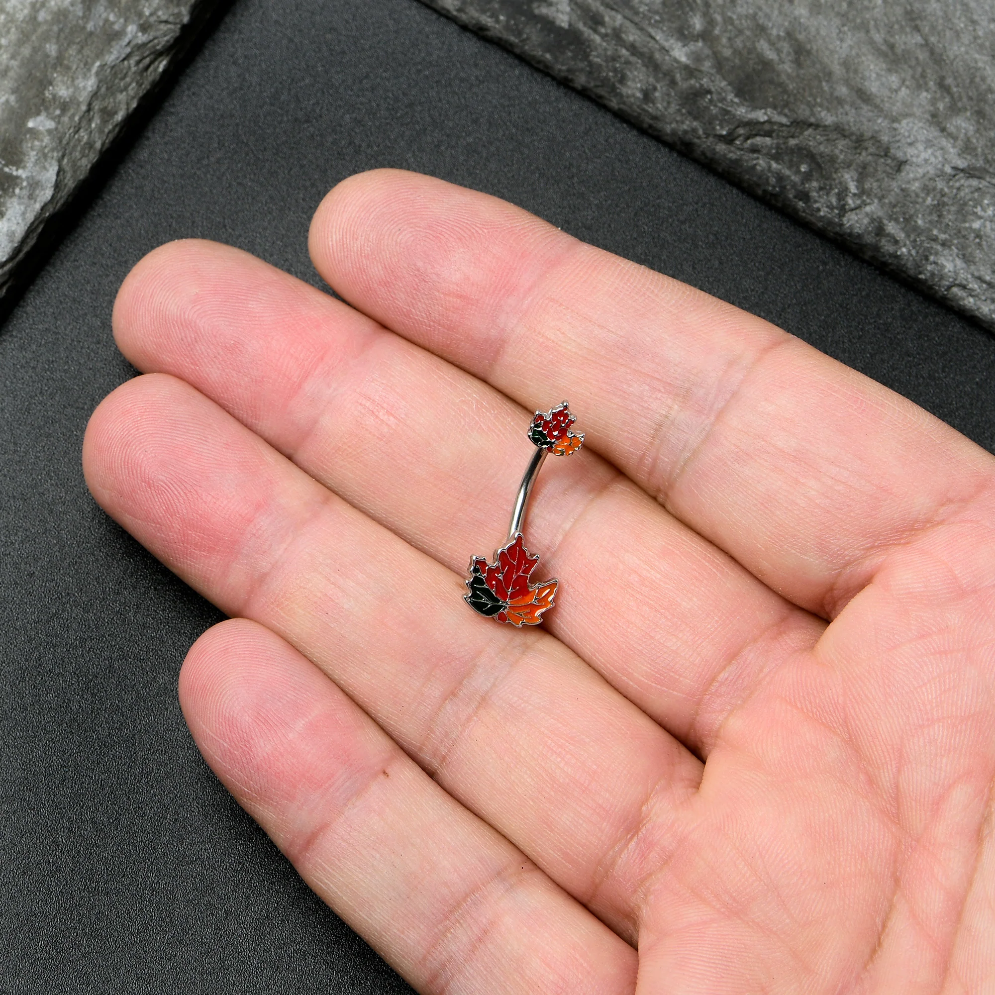 Autumn Tricolor Maple Leaves Red Green Orange Double Mount Belly Ring - Image 7