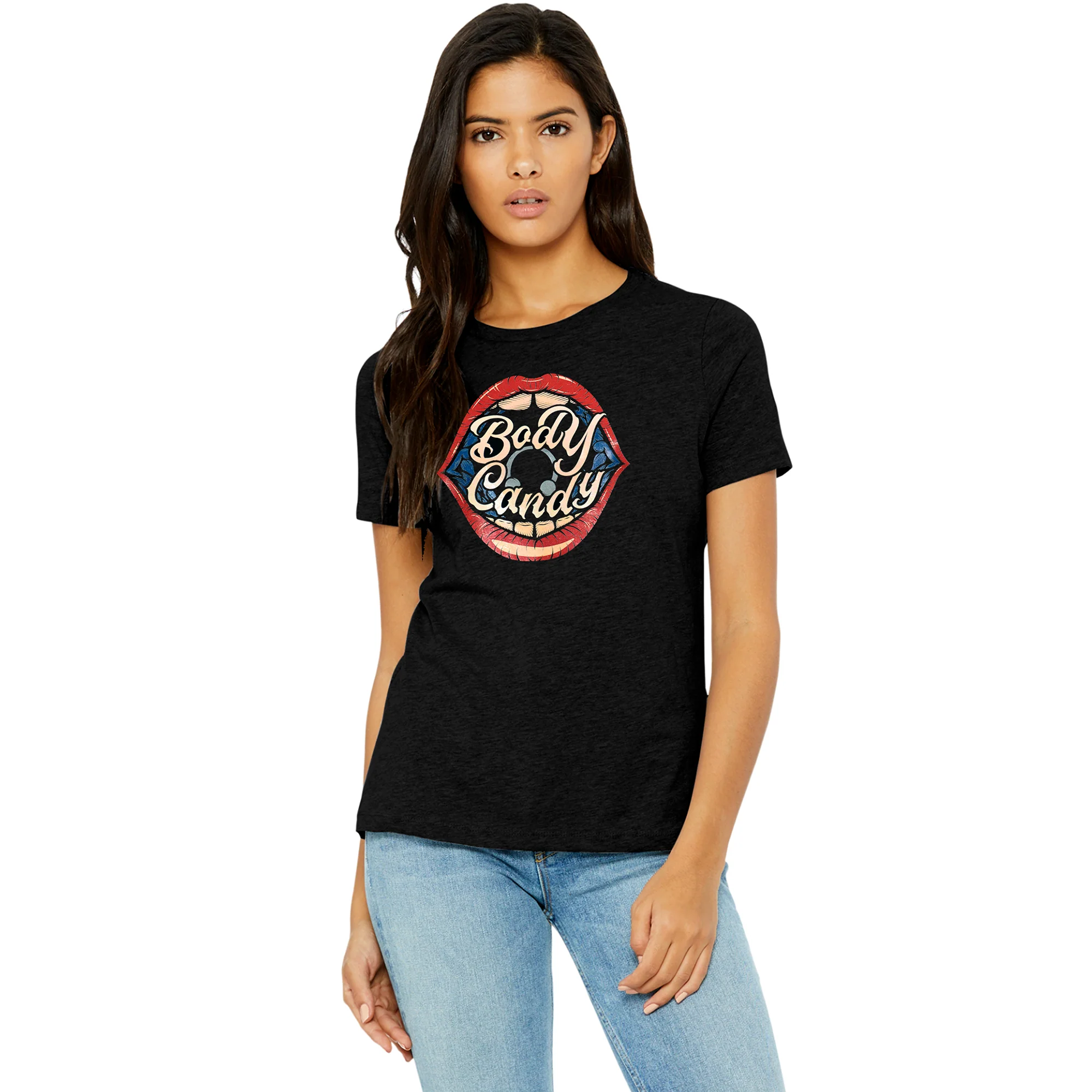Big Mouth Piercing Body Candy Black Crew Neck Tee Shirt - Image 2