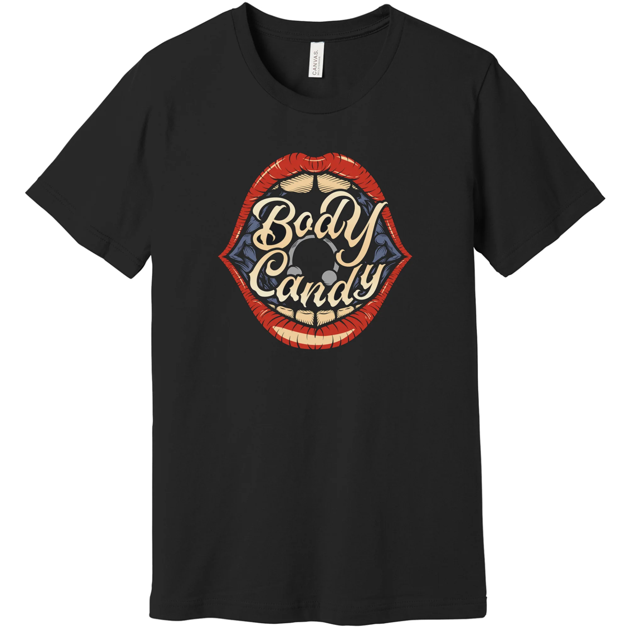 Big Mouth Piercing Body Candy Black Crew Neck Tee Shirt - Image 3