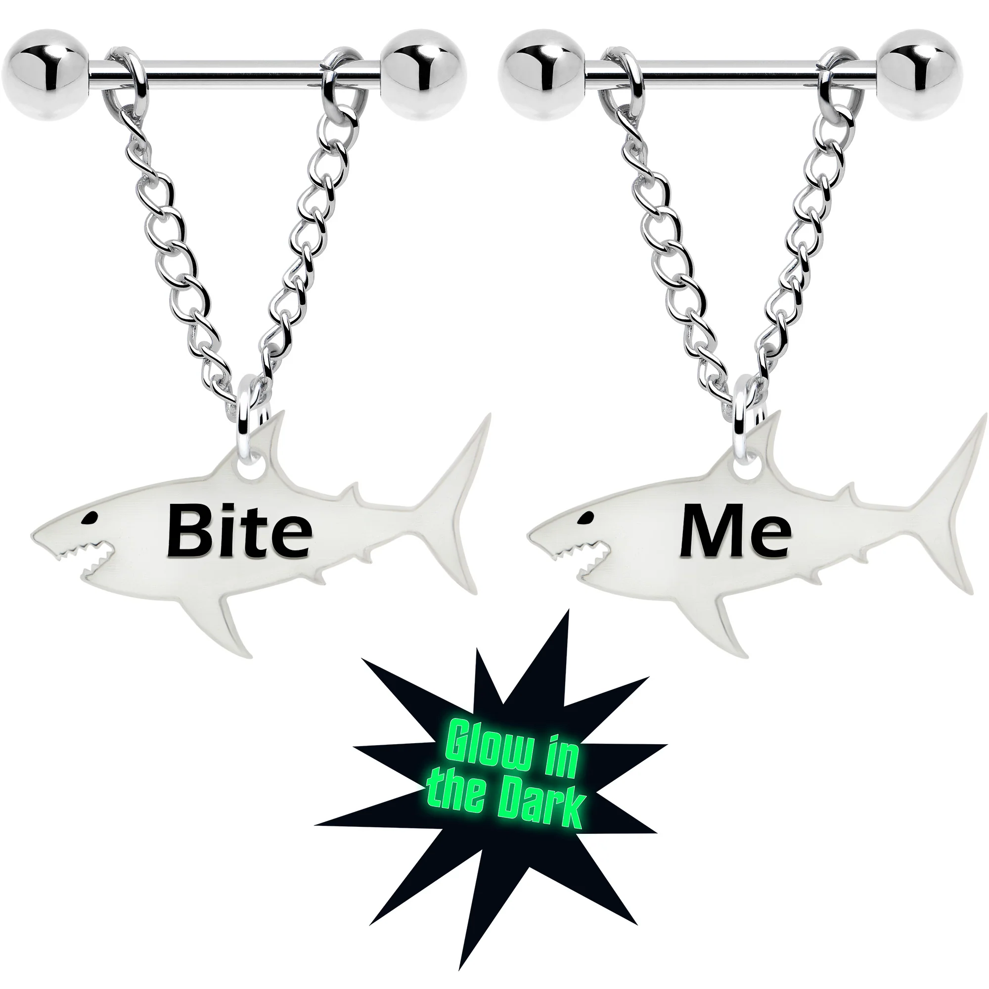 Bite Me Glow in the Dark Chain Dangle Shark Nipple Ring Set