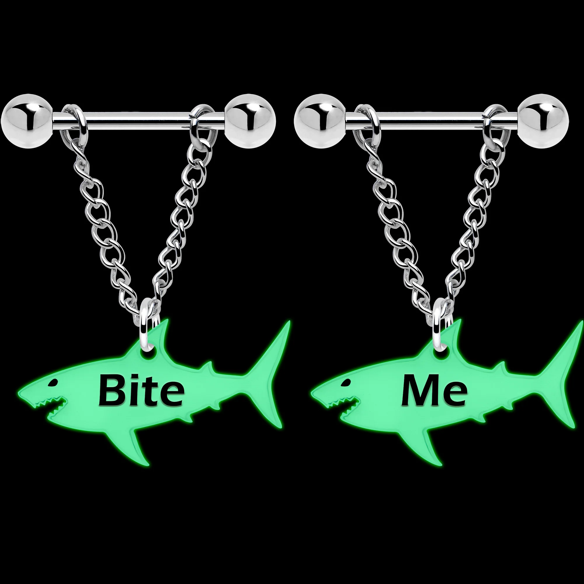 Bite Me Glow in the Dark Chain Dangle Shark Nipple Ring Set - Image 2