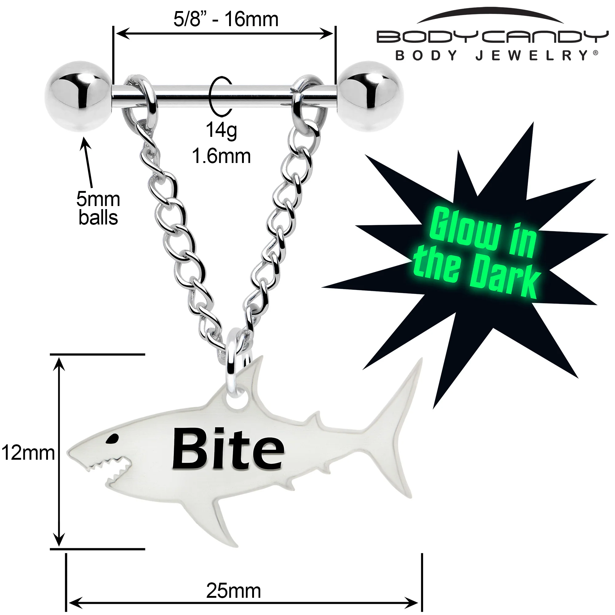 Bite Me Glow in the Dark Chain Dangle Shark Nipple Ring Set - Image 3