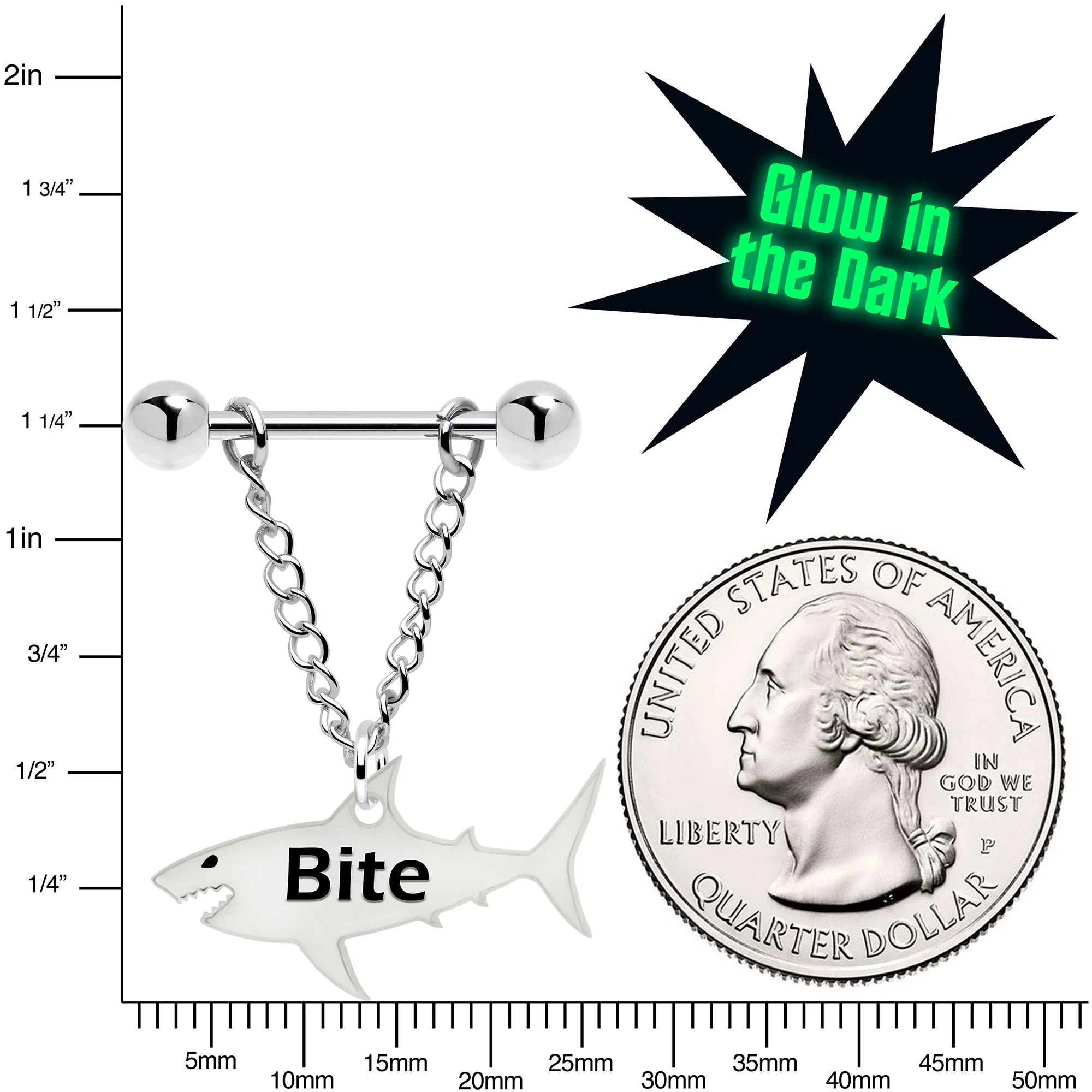 Bite Me Glow in the Dark Chain Dangle Shark Nipple Ring Set - Image 4