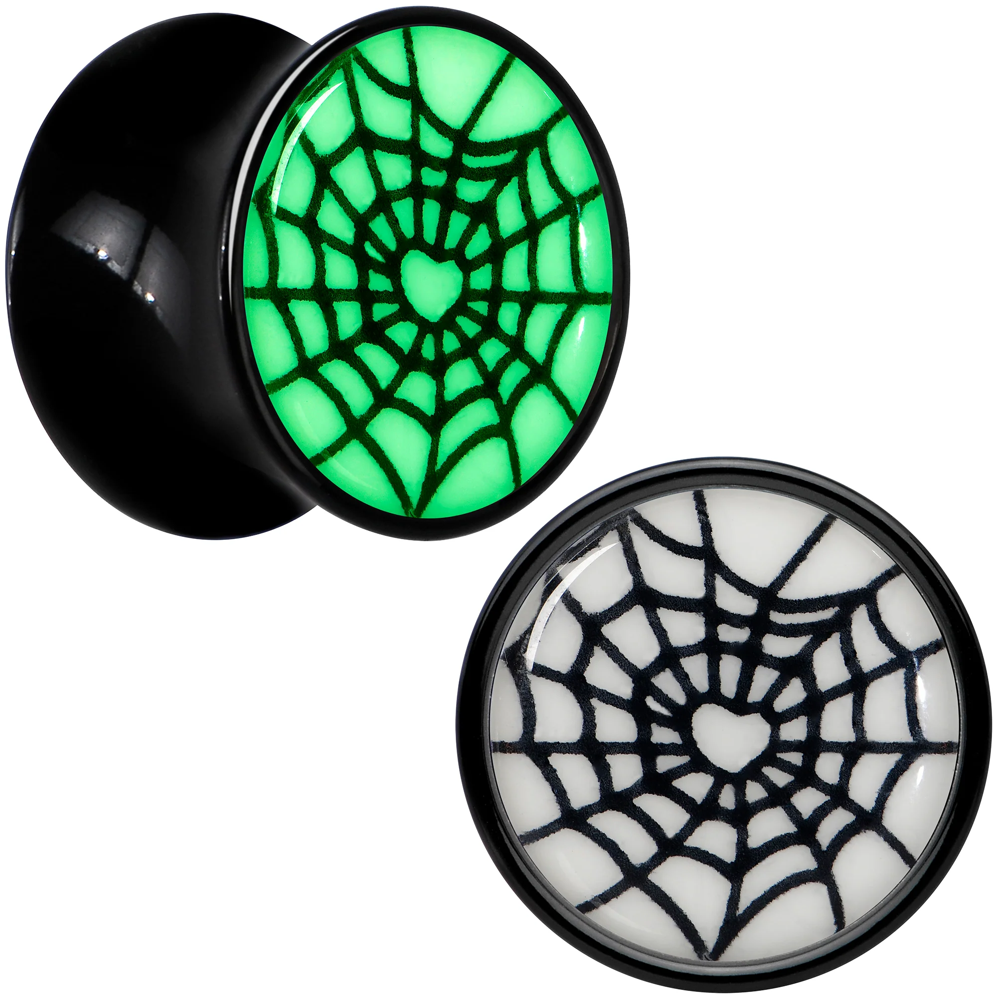 Black Acrylic Heart Spider Web Glow in the Dark Double Flare Plug Set by Onyx O - Image 2