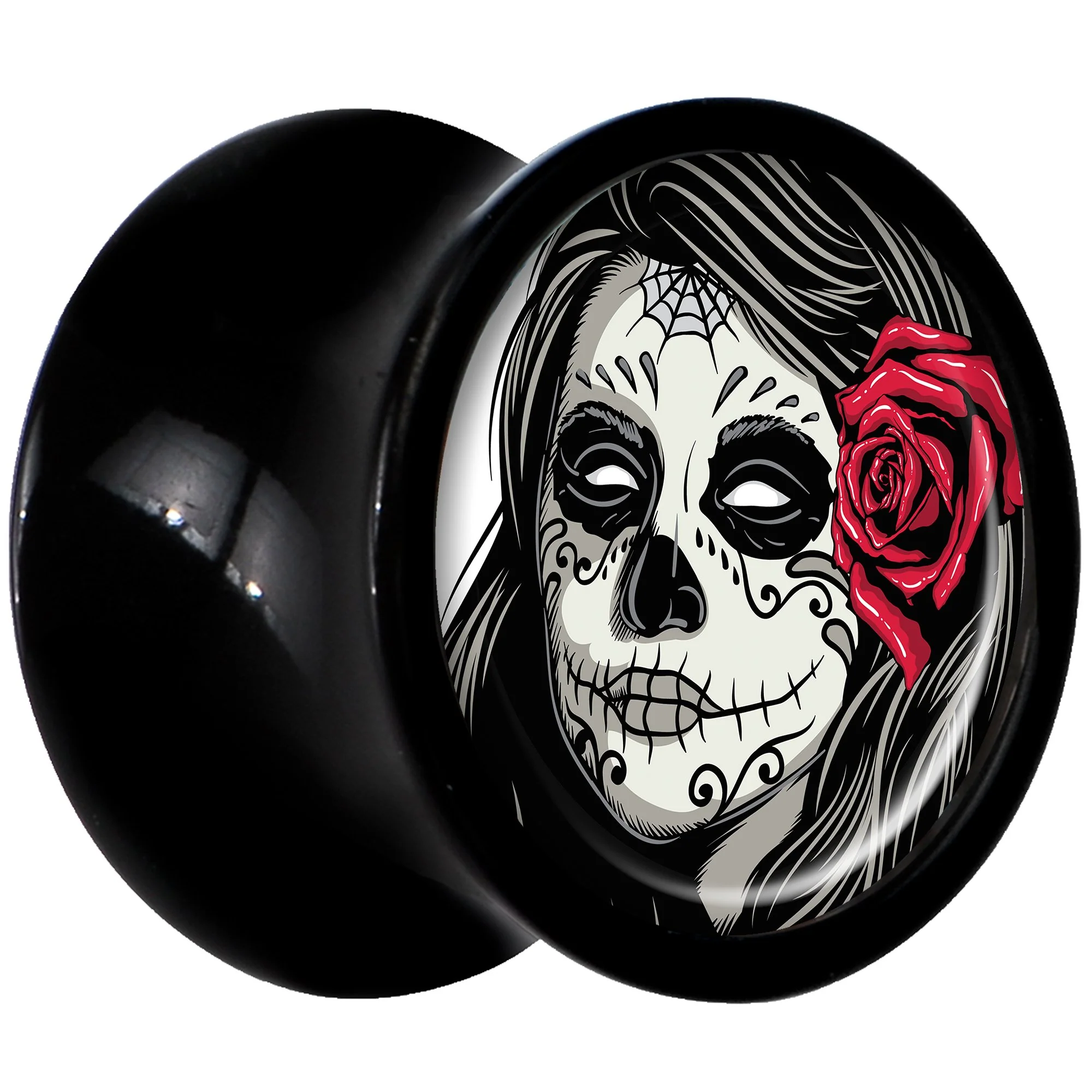 Black Acrylic Katrina Sugar Skull with Rose Flower Saddle Plug Set 0G - Image 2
