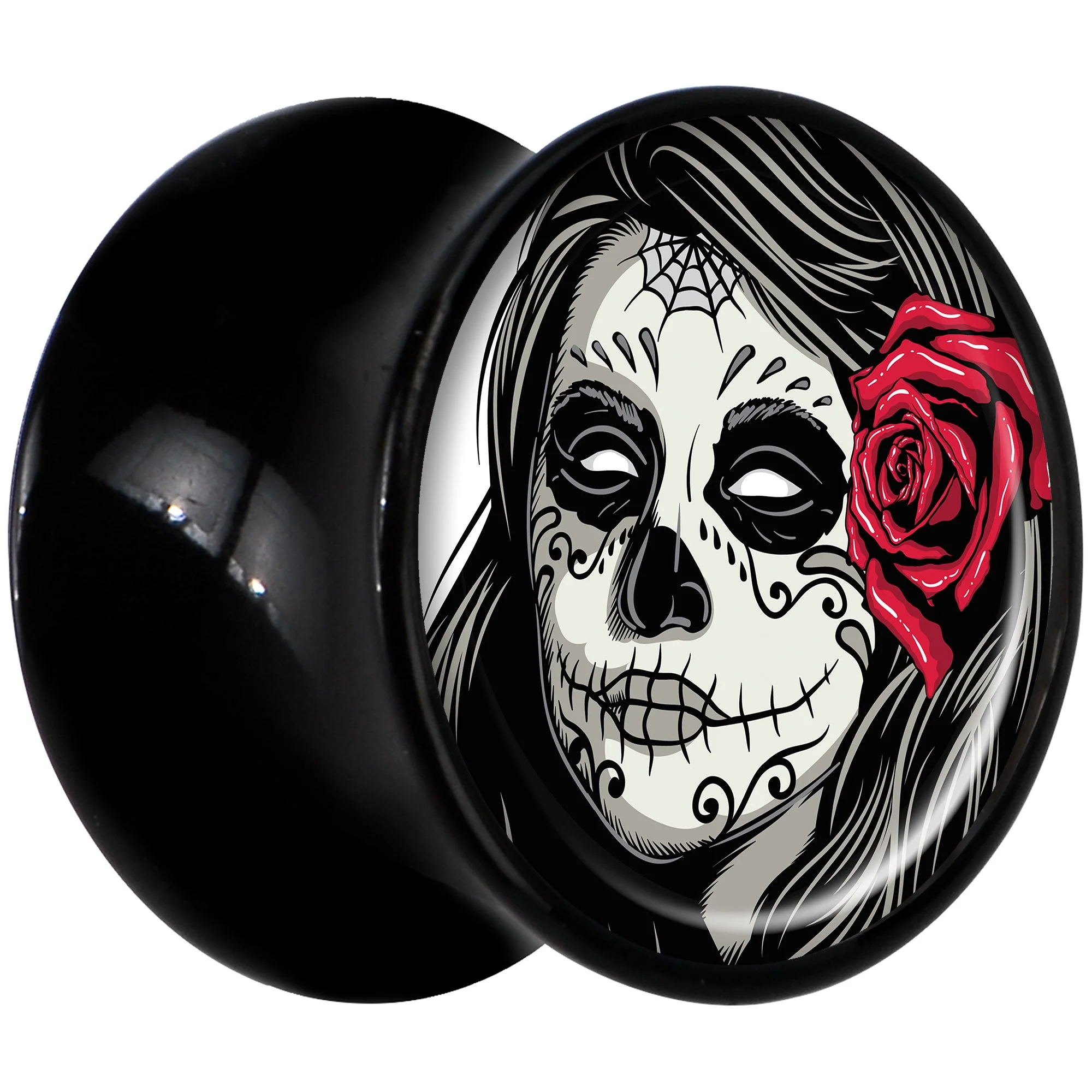 Black Acrylic Katrina Sugar Skull with Rose Flower Saddle Plug Set 1/2 - Image 2