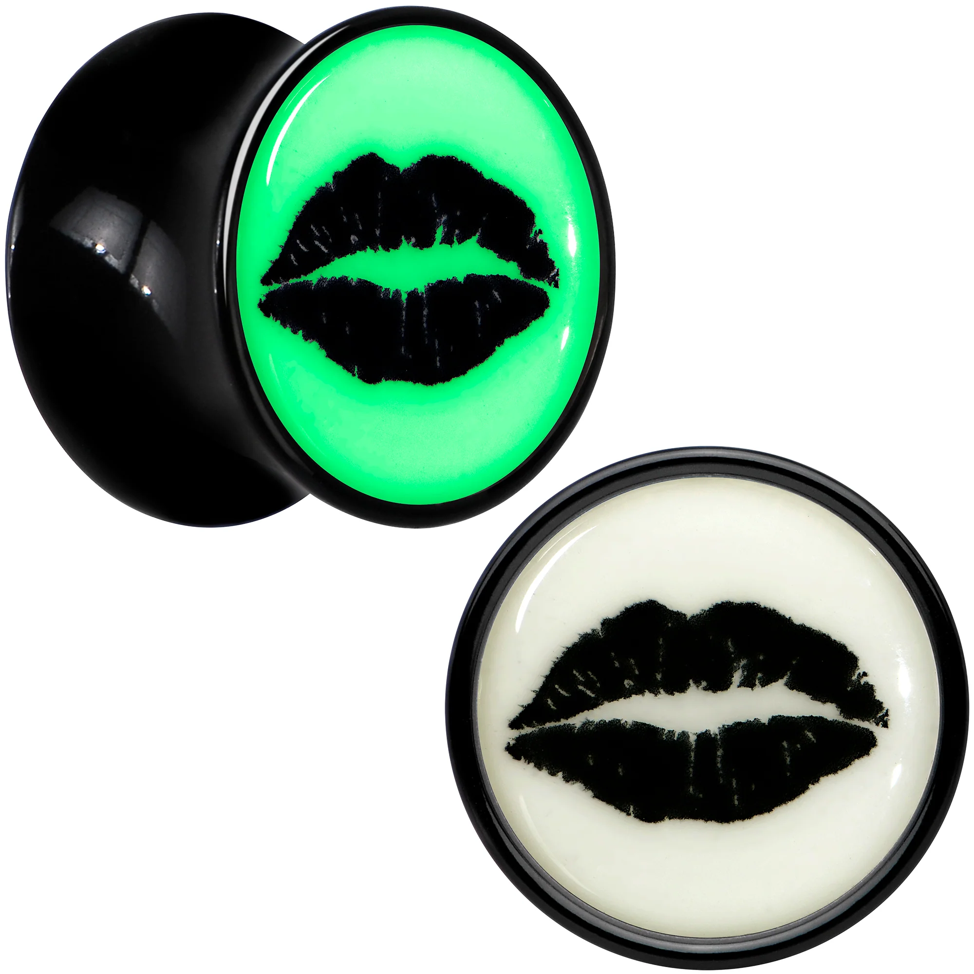 Black Acrylic Lipstick Kiss Glow in Dark Double Flare Plug Set by Onyx O - Image 2