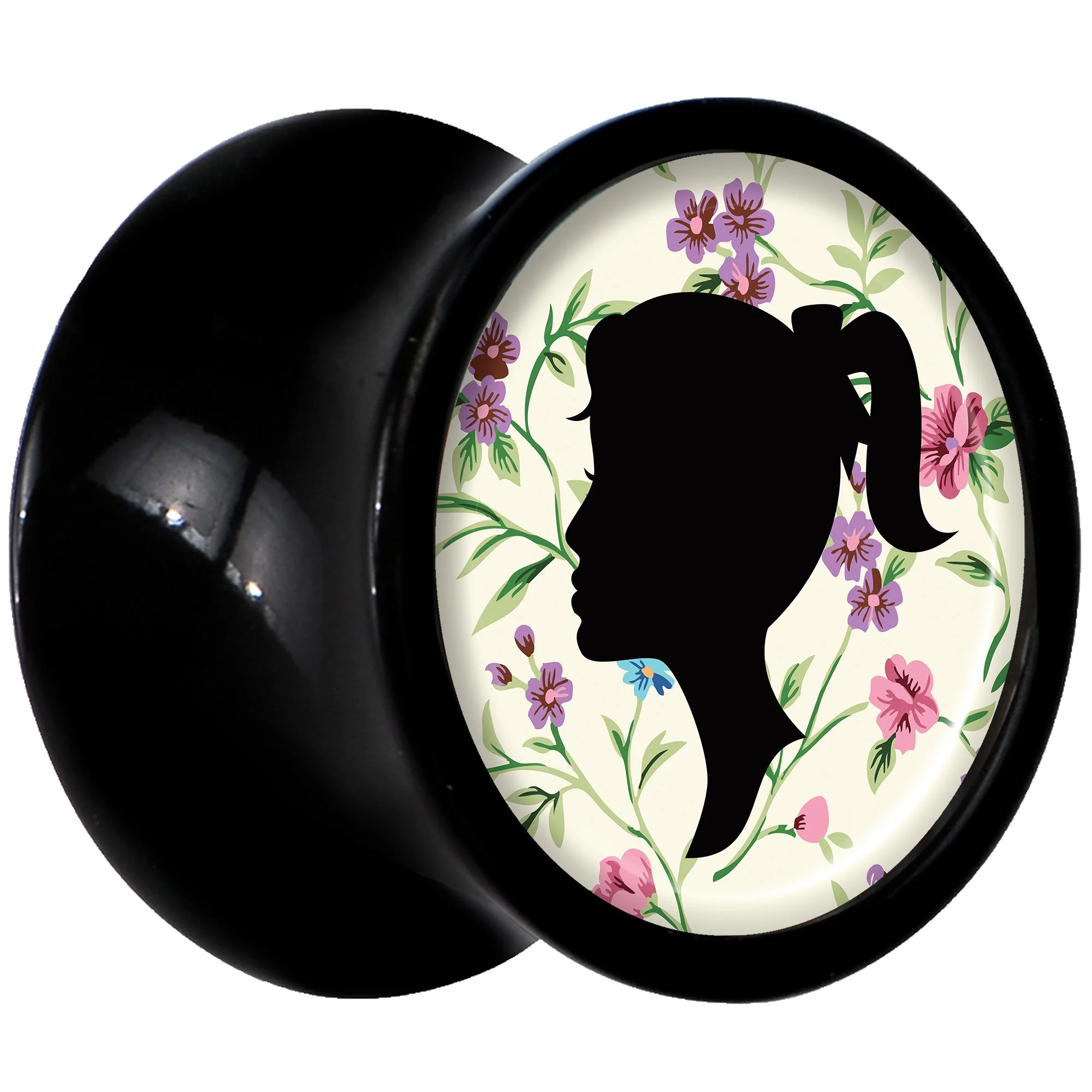 Black Acrylic Man Woman Floral Silhouette Saddle Plug Set 0G - Image 2