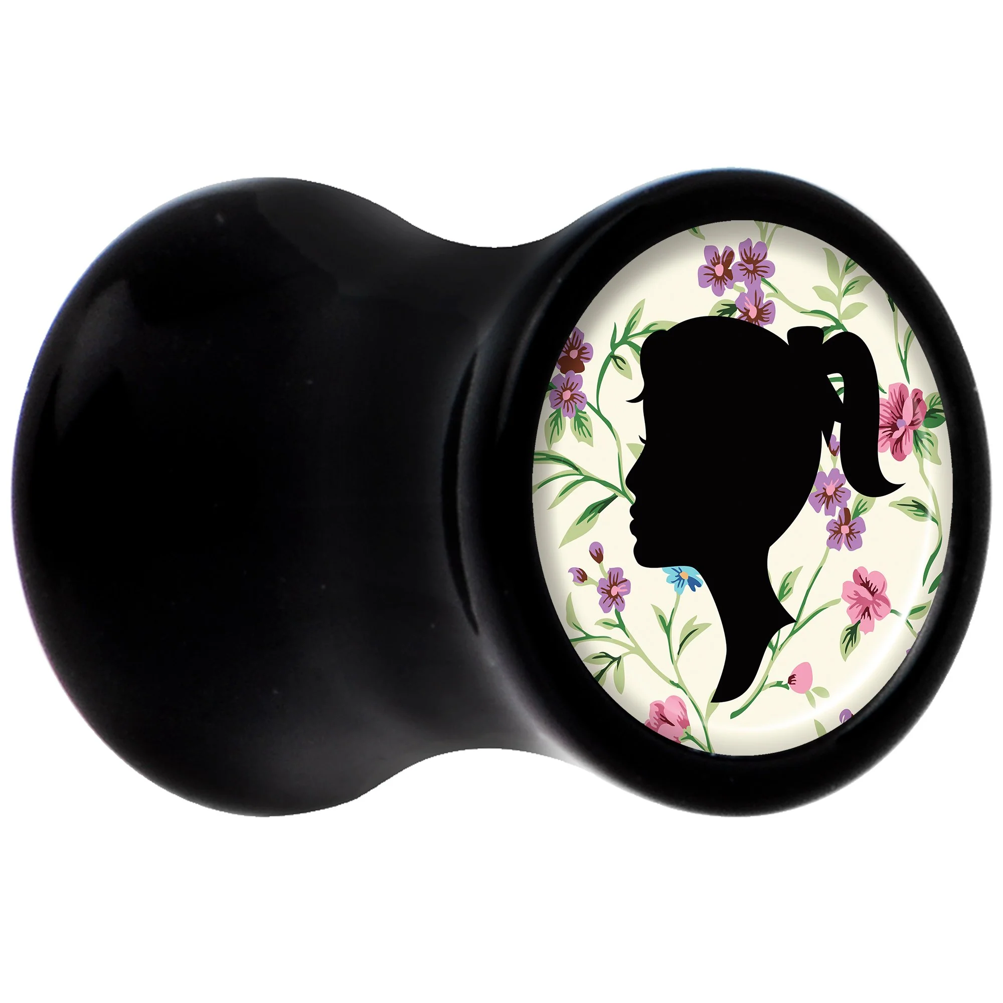 Black Acrylic Man Woman Floral Silhouette Saddle Plug Set 2G - Image 2