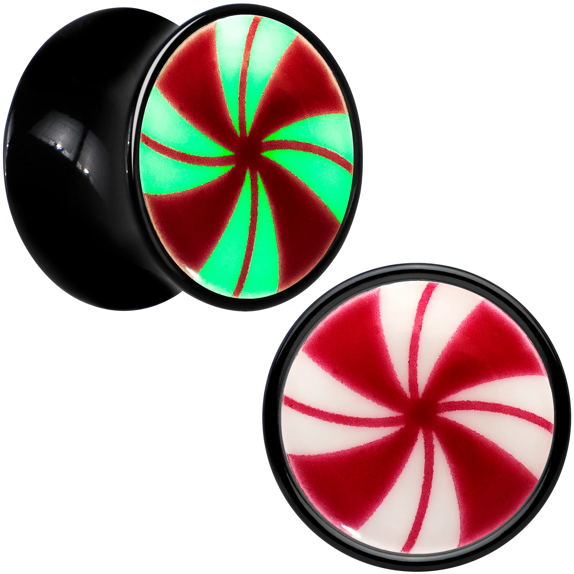 Black Acrylic Peppermint Candy Glow in Dark Double Flare Plug Set by Onyx O - Image 2