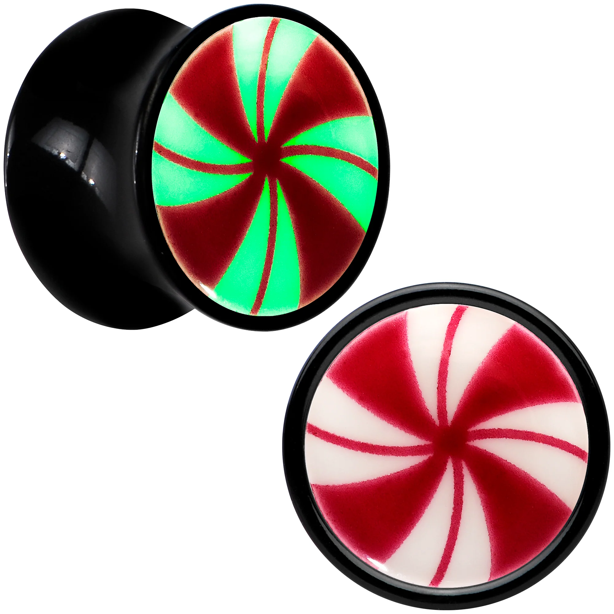 Black Acrylic Peppermint Candy Glow in Dark Double Flare Plug Set by Onyx O - Image 6