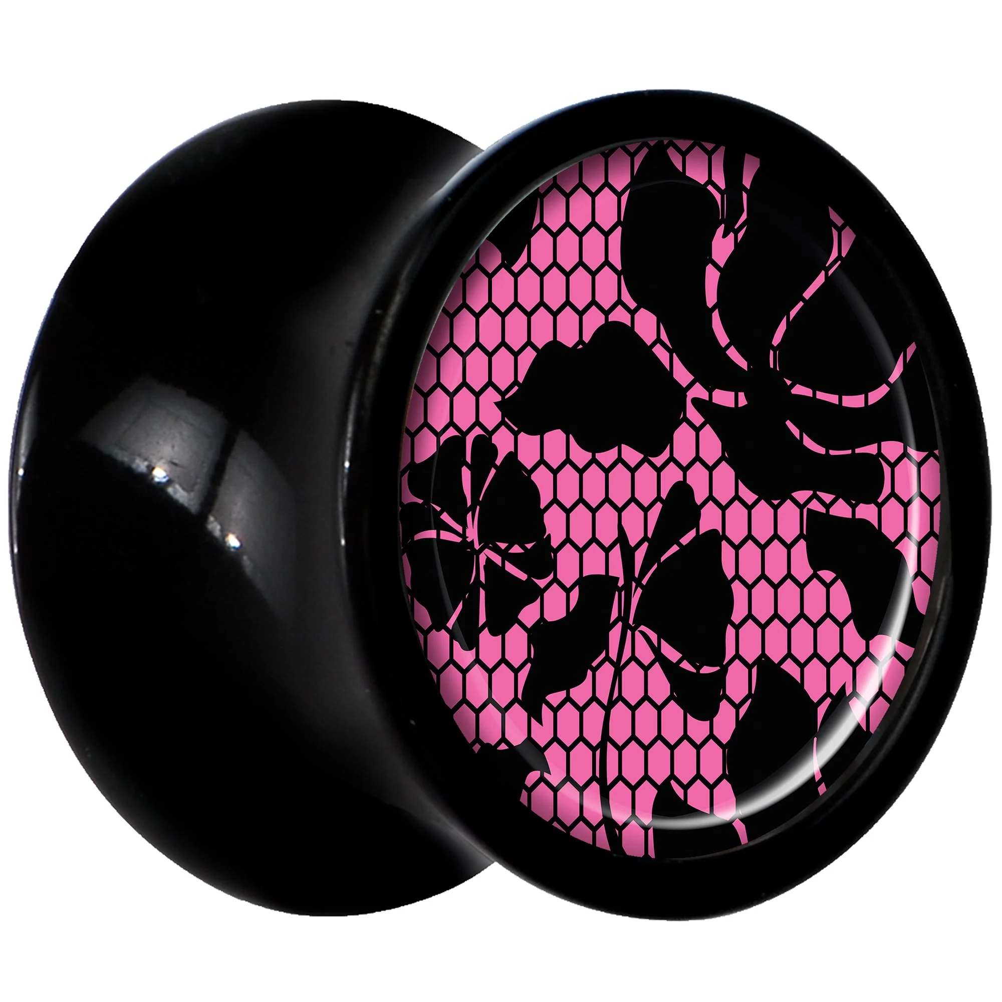Black Acrylic Pink Floral Lace Saddle Plug Set 0G - Image 2
