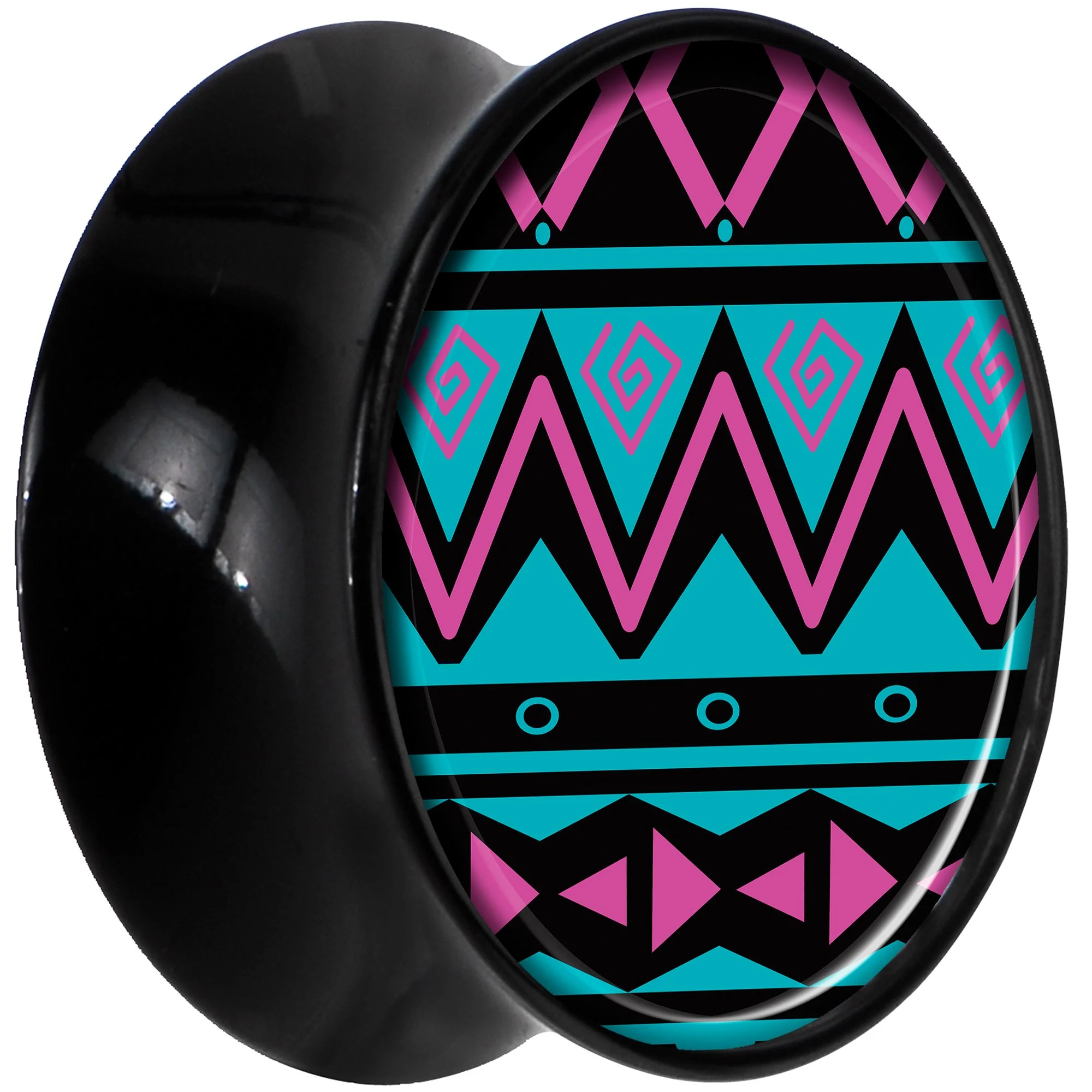 Black Acrylic Pink Teal Tribal Print Saddle Plug Set 18mm - Image 2