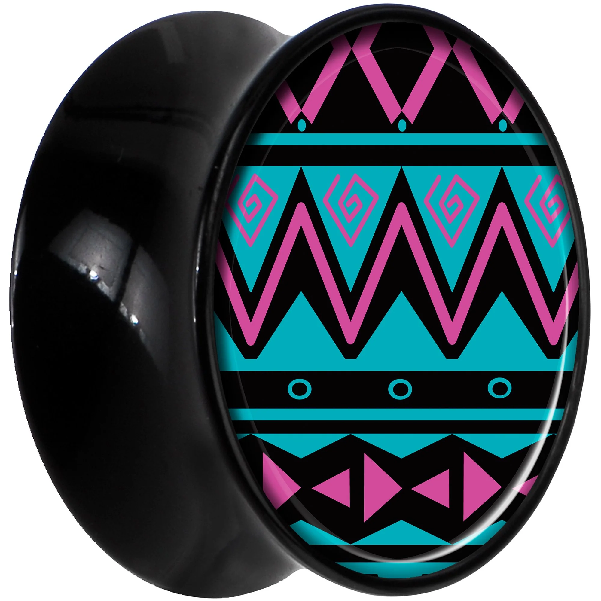 Black Acrylic Pink Teal Tribal Print Saddle Plug Set 20mm - Image 2