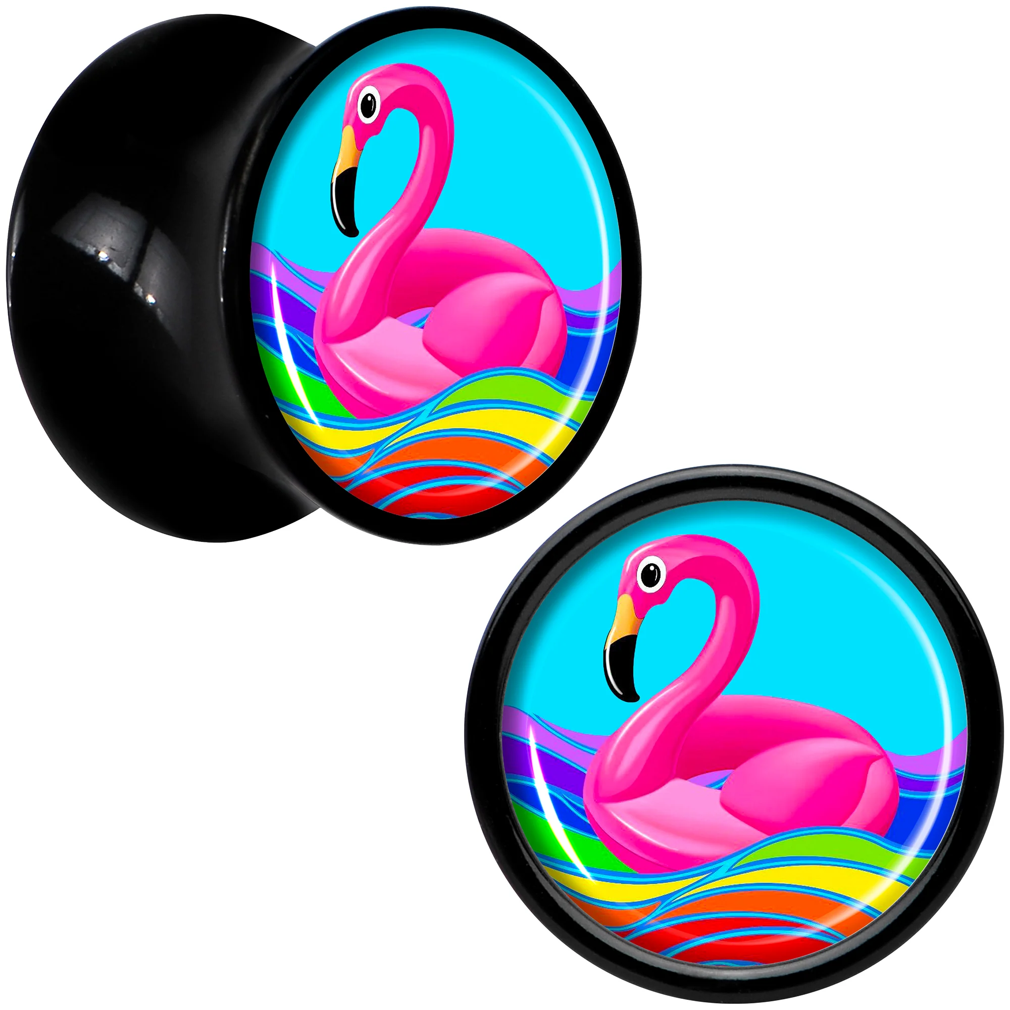 Black Acrylic Rainbow Sea Floating Flamingo Double Flare Plug Set by Onyx O - Image 6