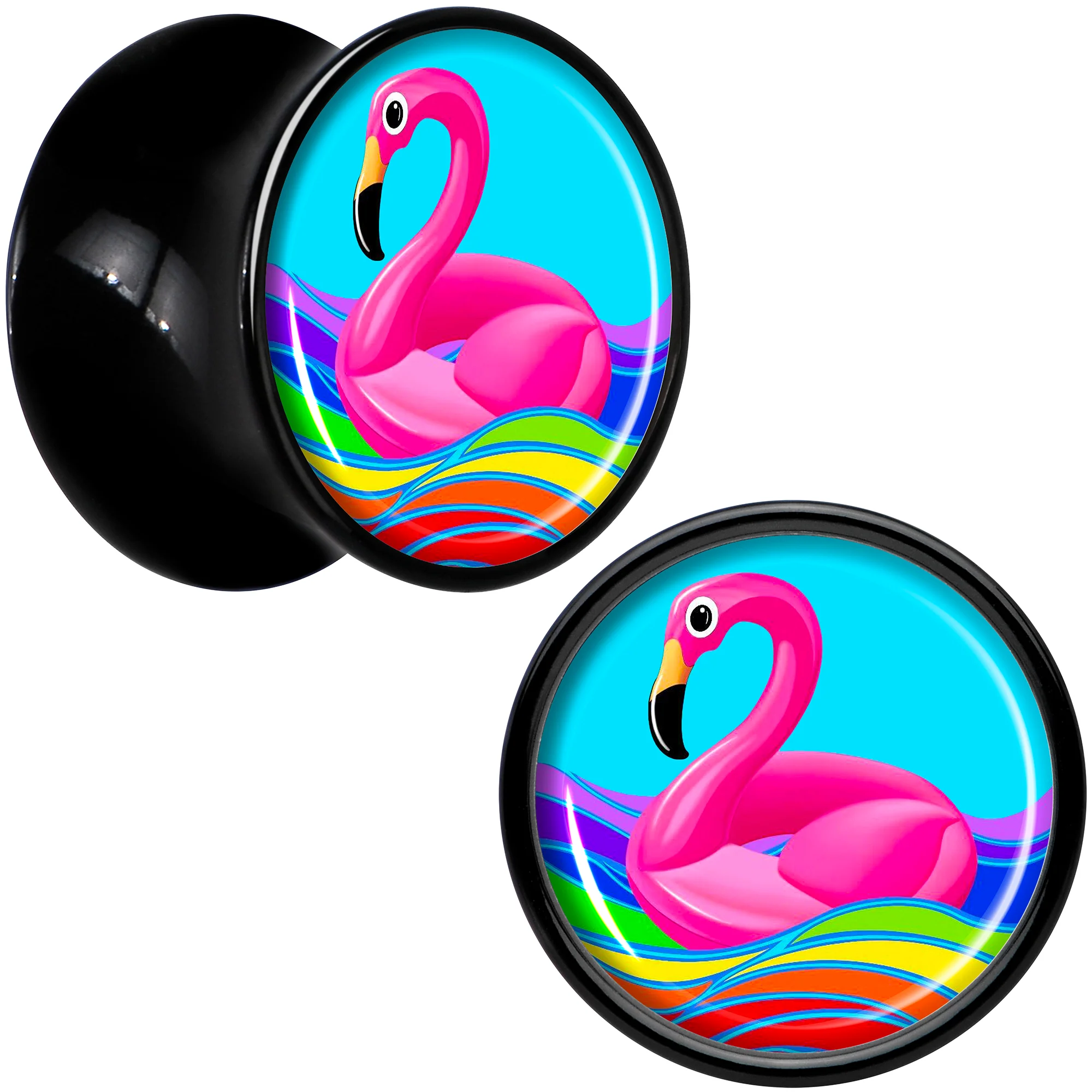 Black Acrylic Rainbow Sea Floating Flamingo Double Flare Plug Set by Onyx O - Image 7
