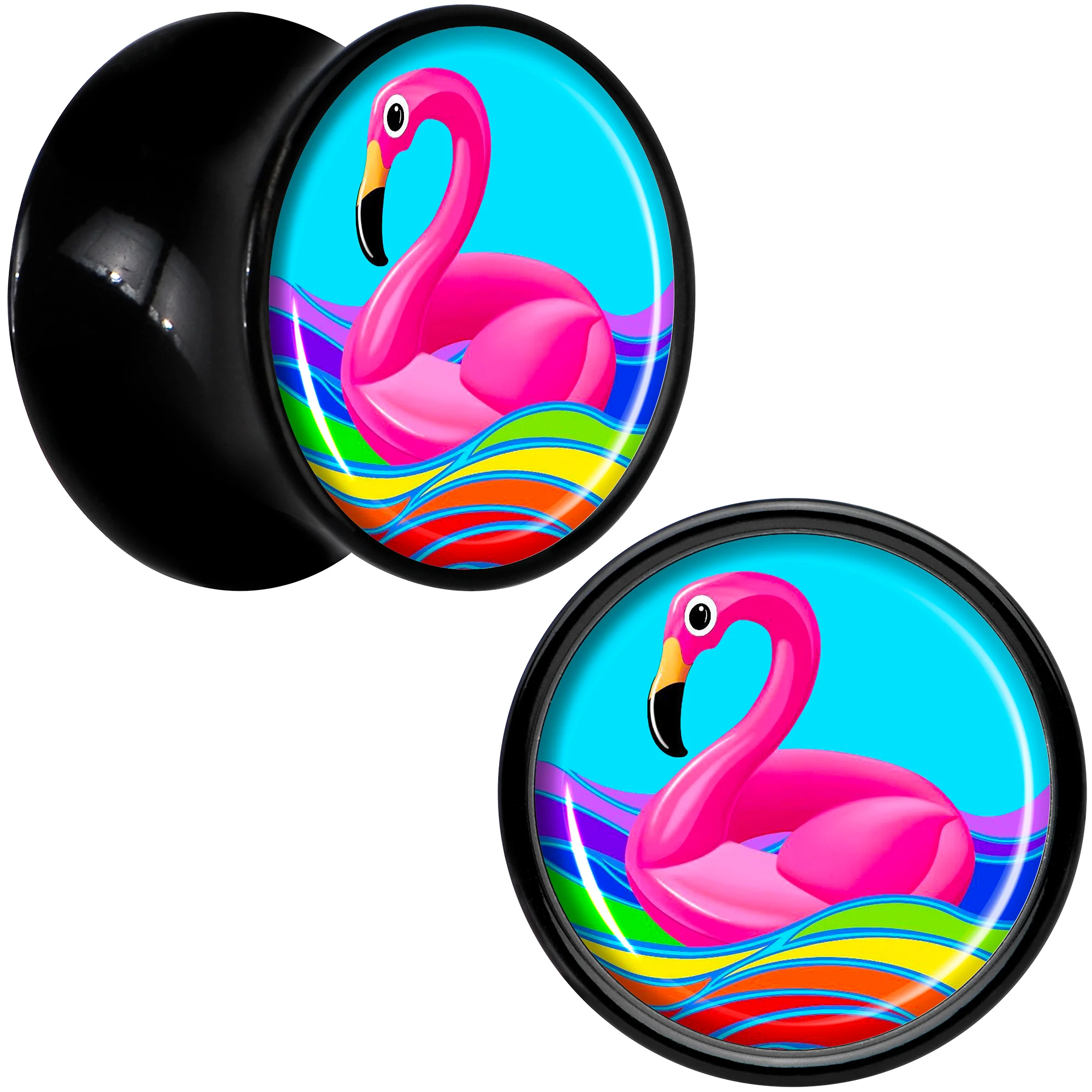 Black Acrylic Rainbow Sea Floating Flamingo Double Flare Plug Set by Onyx O - Image 8
