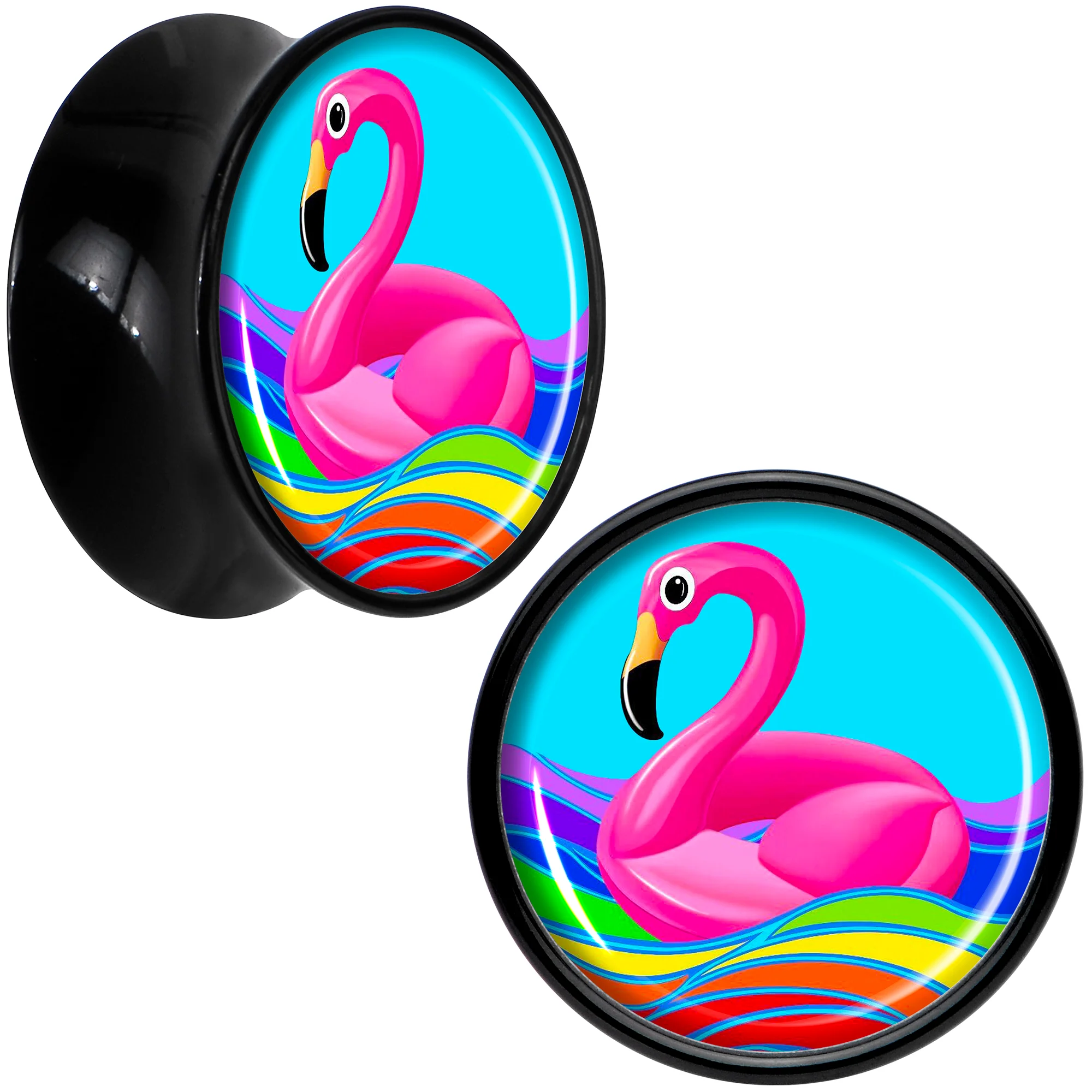 Black Acrylic Rainbow Sea Floating Flamingo Double Flare Plug Set by Onyx O - Image 9