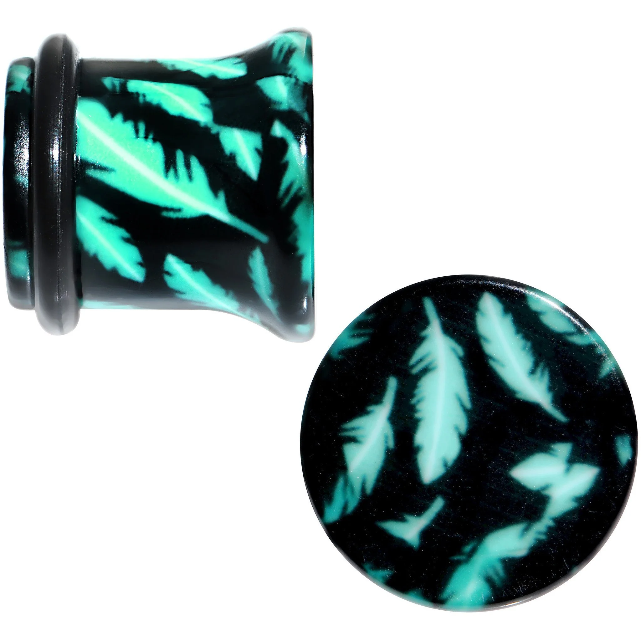 Black Acrylic Teal Feather Single Flare Plug Set Available in Sizes 3mm to 16mm - Image 2
