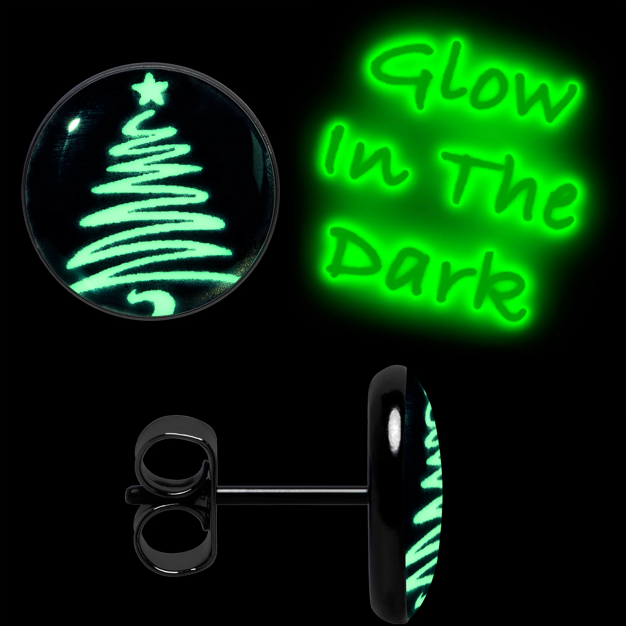Black Anodized Glow in the Dark Holiday Christmas Tree Stud Earrings by Onyx O - Image 3