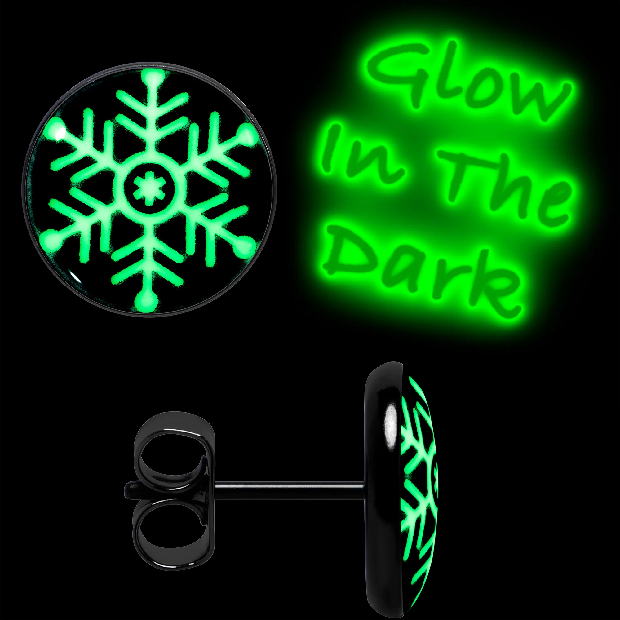Black Anodized Glow in the Dark Holiday Snowflake Stud Earrings by Onyx O - Image 3