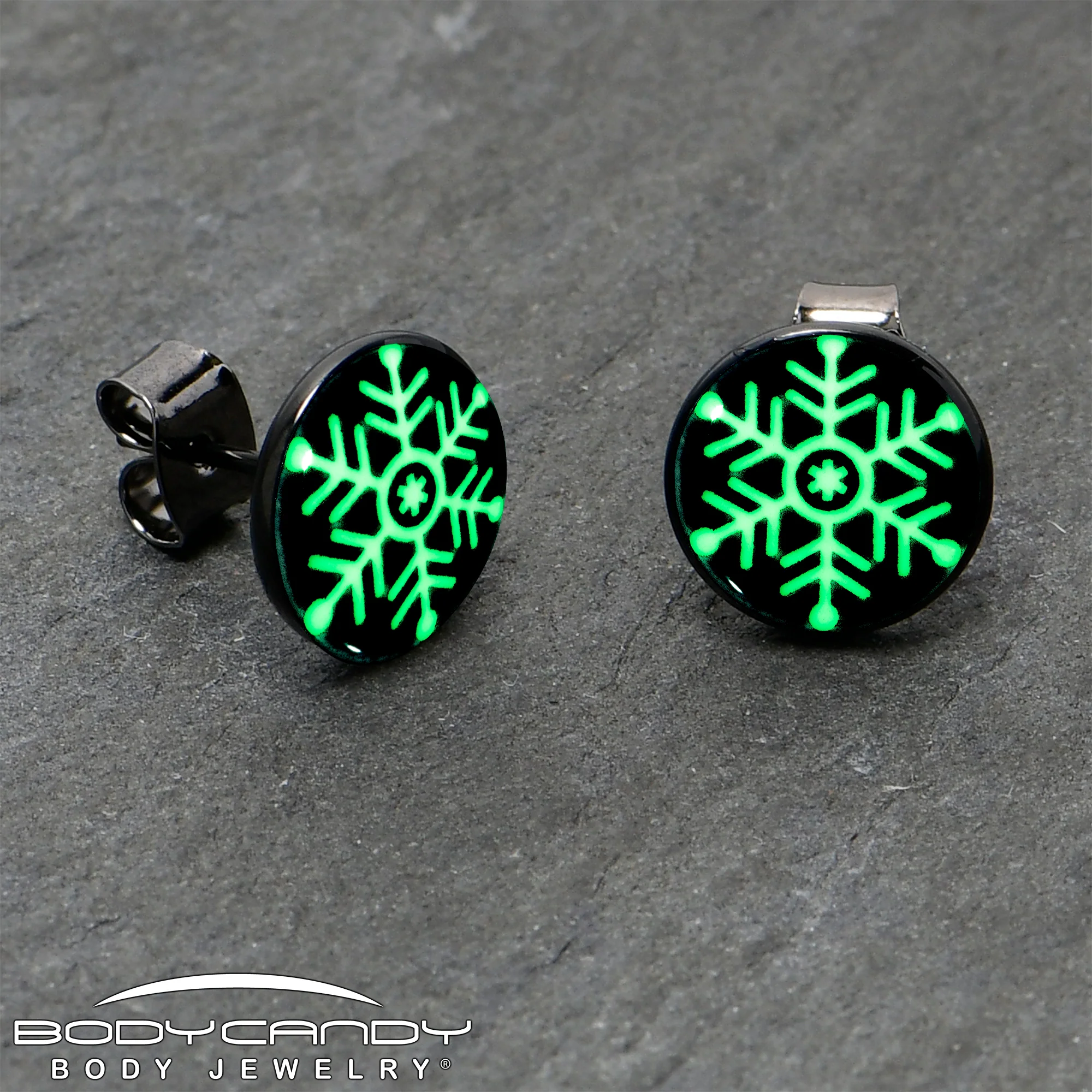 Black Anodized Glow in the Dark Holiday Snowflake Stud Earrings by Onyx O - Image 4
