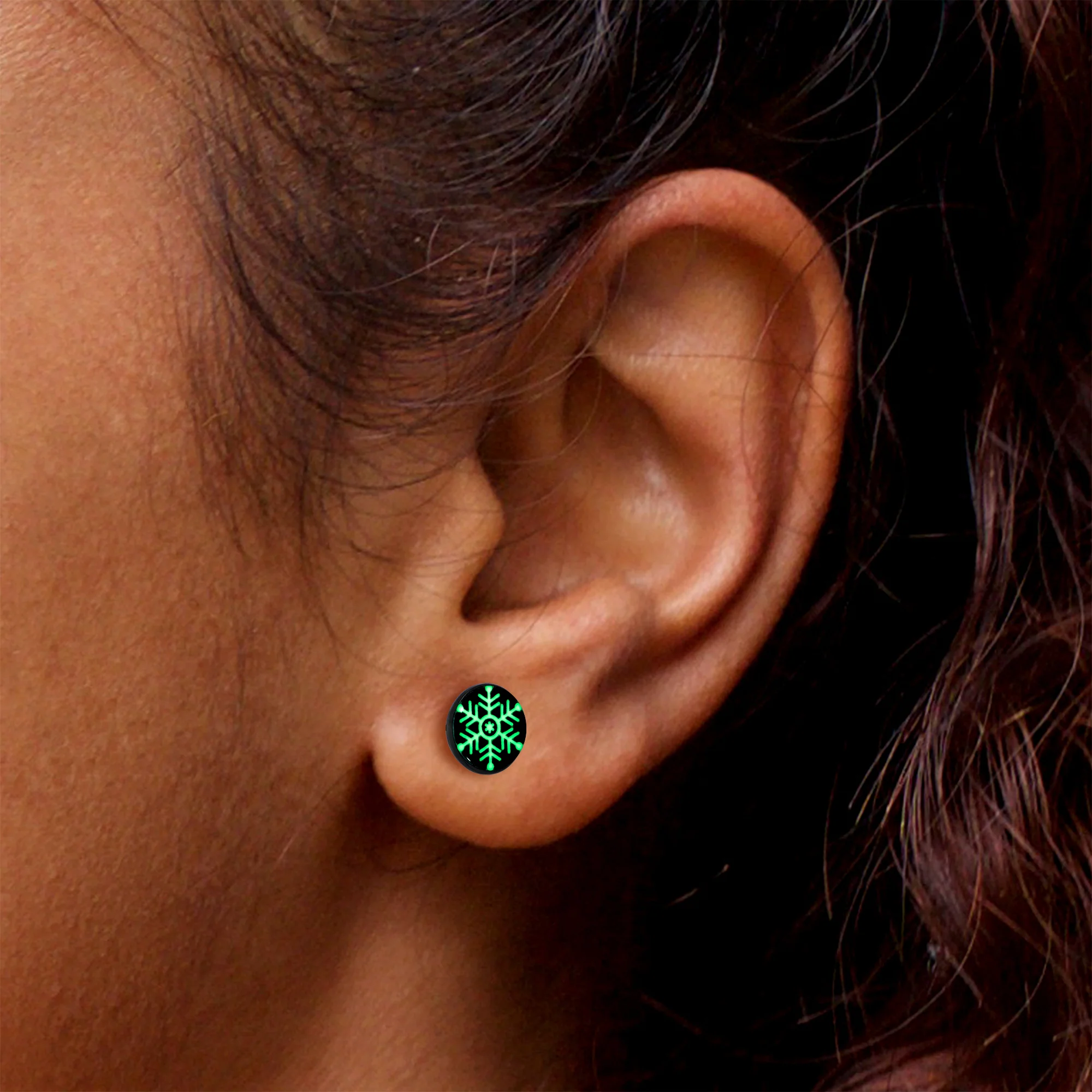 Black Anodized Glow in the Dark Holiday Snowflake Stud Earrings by Onyx O - Image 7