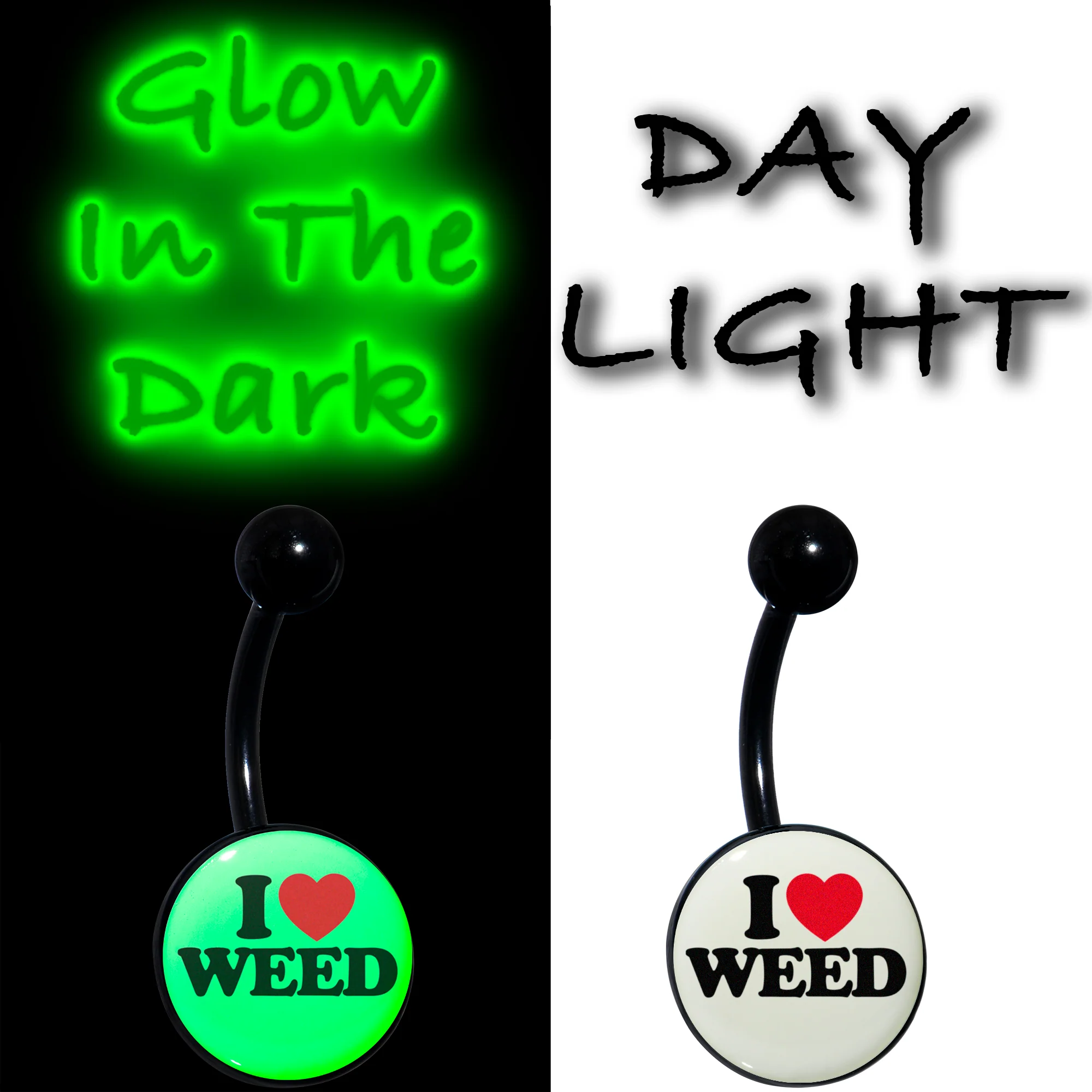 Black Anodized Glow in the Dark I Love Weed Belly Ring by Onyx O - Image 2