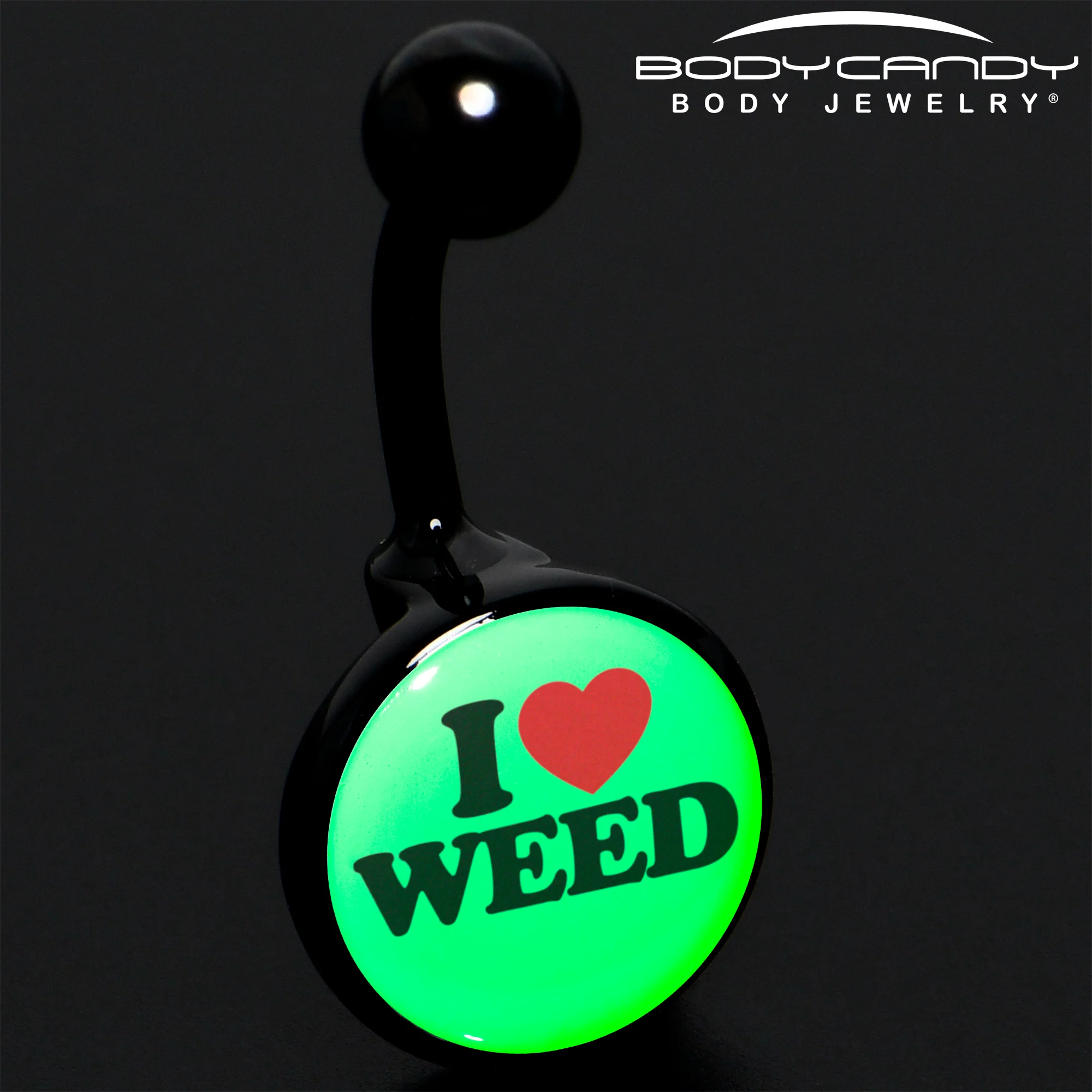 Black Anodized Glow in the Dark I Love Weed Belly Ring by Onyx O - Image 6