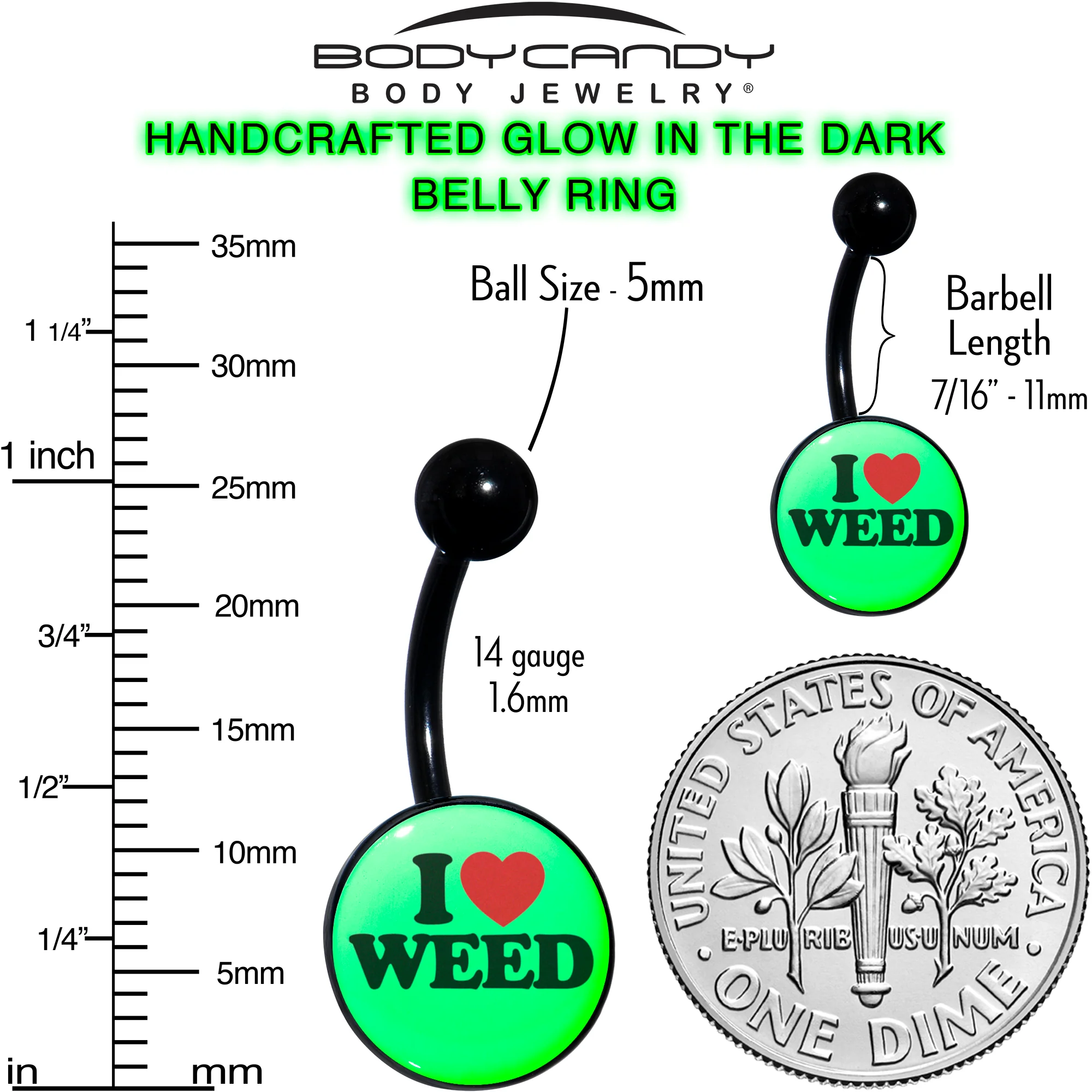 Black Anodized Glow in the Dark I Love Weed Belly Ring by Onyx O - Image 8