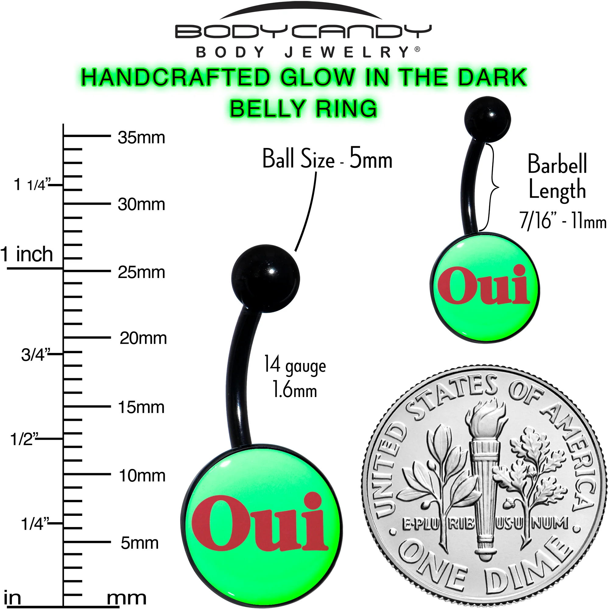 Black Anodized Glow in the Dark OUI Belly Ring by Onyx O - Image 8